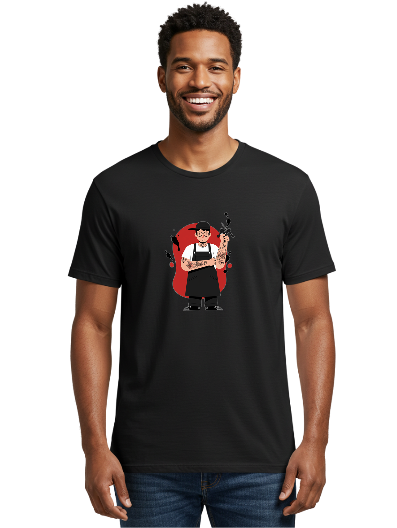 Tattooed-Barber Men'S Graphic Tee, 100% Cotton, Comfortable Casual Summer Wear, Machine Washable, Tattoo Artist At Work, Body Art, Creative Profession, Ink Splatters, Tattoo Machine, Artistic Expression, Tattoo Culture, Body Modification Bad824