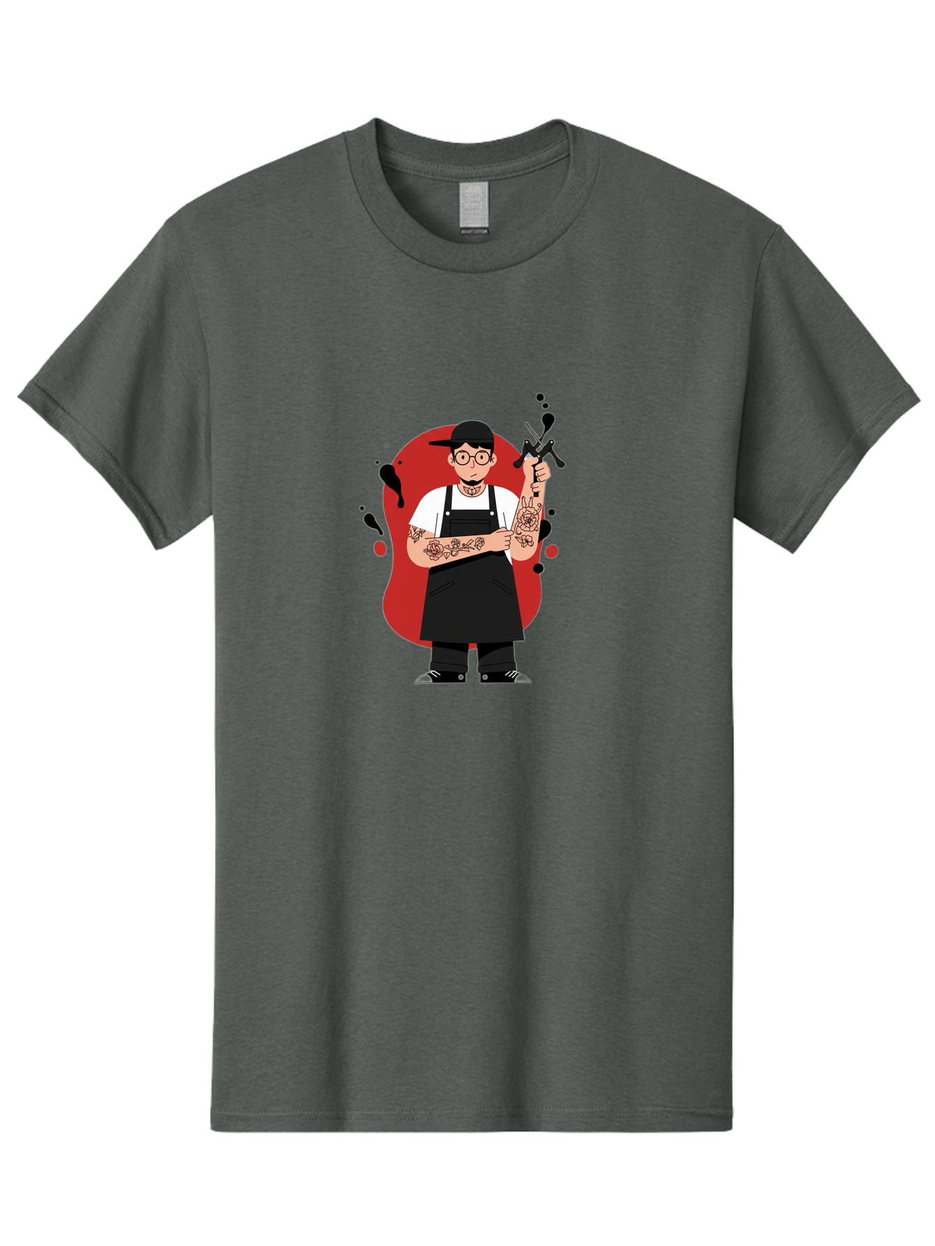 Tattooed-Barber Men'S Graphic Tee, 100% Cotton, Comfortable Casual Summer Wear, Machine Washable, Tattoo Artist At Work, Body Art, Creative Profession, Ink Splatters, Tattoo Machine, Artistic Expression, Tattoo Culture, Body Modification Bad824