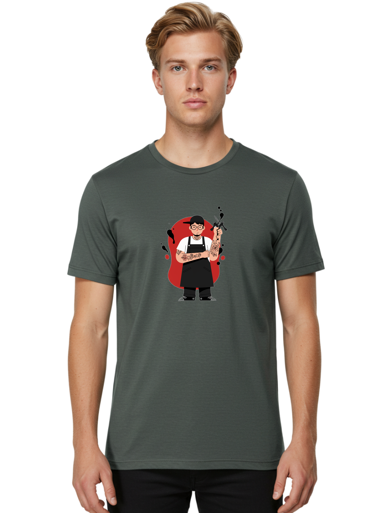 Tattooed-Barber Men'S Graphic Tee, 100% Cotton, Comfortable Casual Summer Wear, Machine Washable, Tattoo Artist At Work, Body Art, Creative Profession, Ink Splatters, Tattoo Machine, Artistic Expression, Tattoo Culture, Body Modification Bad824