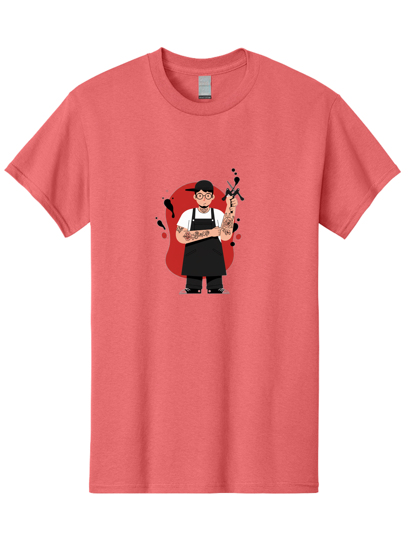 Tattooed-Barber Men'S Graphic Tee, 100% Cotton, Comfortable Casual Summer Wear, Machine Washable, Tattoo Artist At Work, Body Art, Creative Profession, Ink Splatters, Tattoo Machine, Artistic Expression, Tattoo Culture, Body Modification Bad824