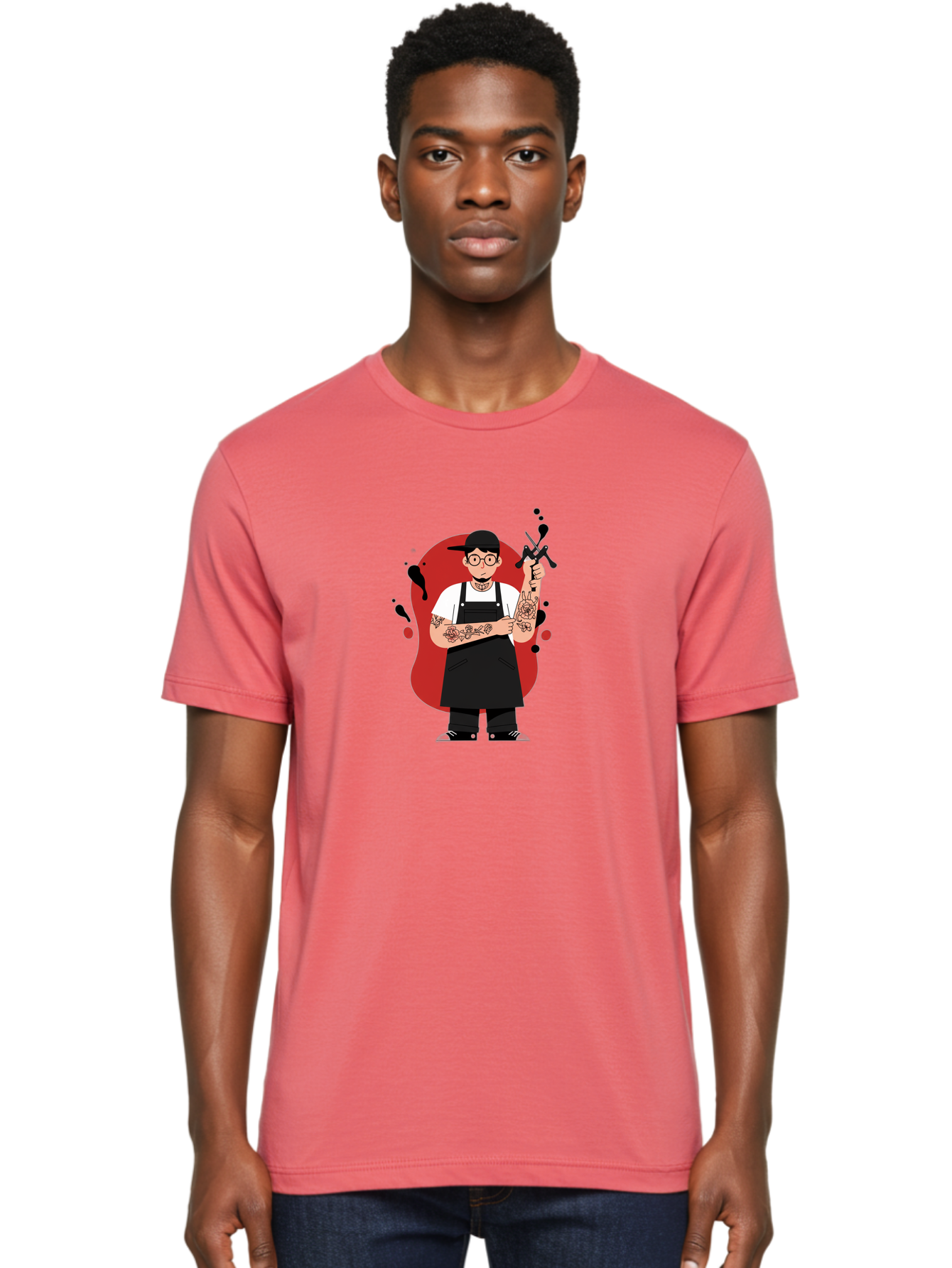 Tattooed-Barber Men'S Graphic Tee, 100% Cotton, Comfortable Casual Summer Wear, Machine Washable, Tattoo Artist At Work, Body Art, Creative Profession, Ink Splatters, Tattoo Machine, Artistic Expression, Tattoo Culture, Body Modification Bad824
