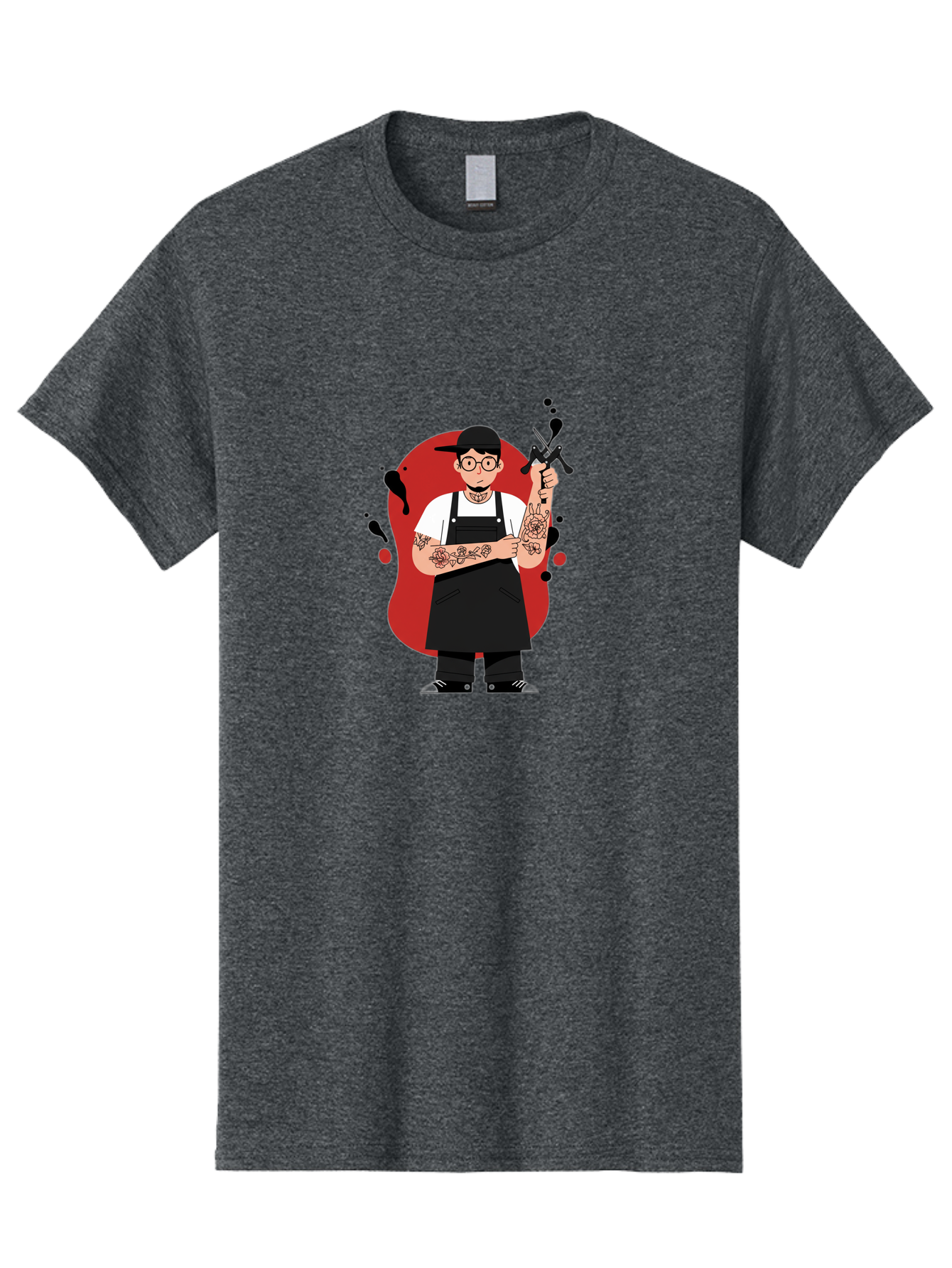 Tattooed-Barber Men'S Graphic Tee, 100% Cotton, Comfortable Casual Summer Wear, Machine Washable, Tattoo Artist At Work, Body Art, Creative Profession, Ink Splatters, Tattoo Machine, Artistic Expression, Tattoo Culture, Body Modification Bad824