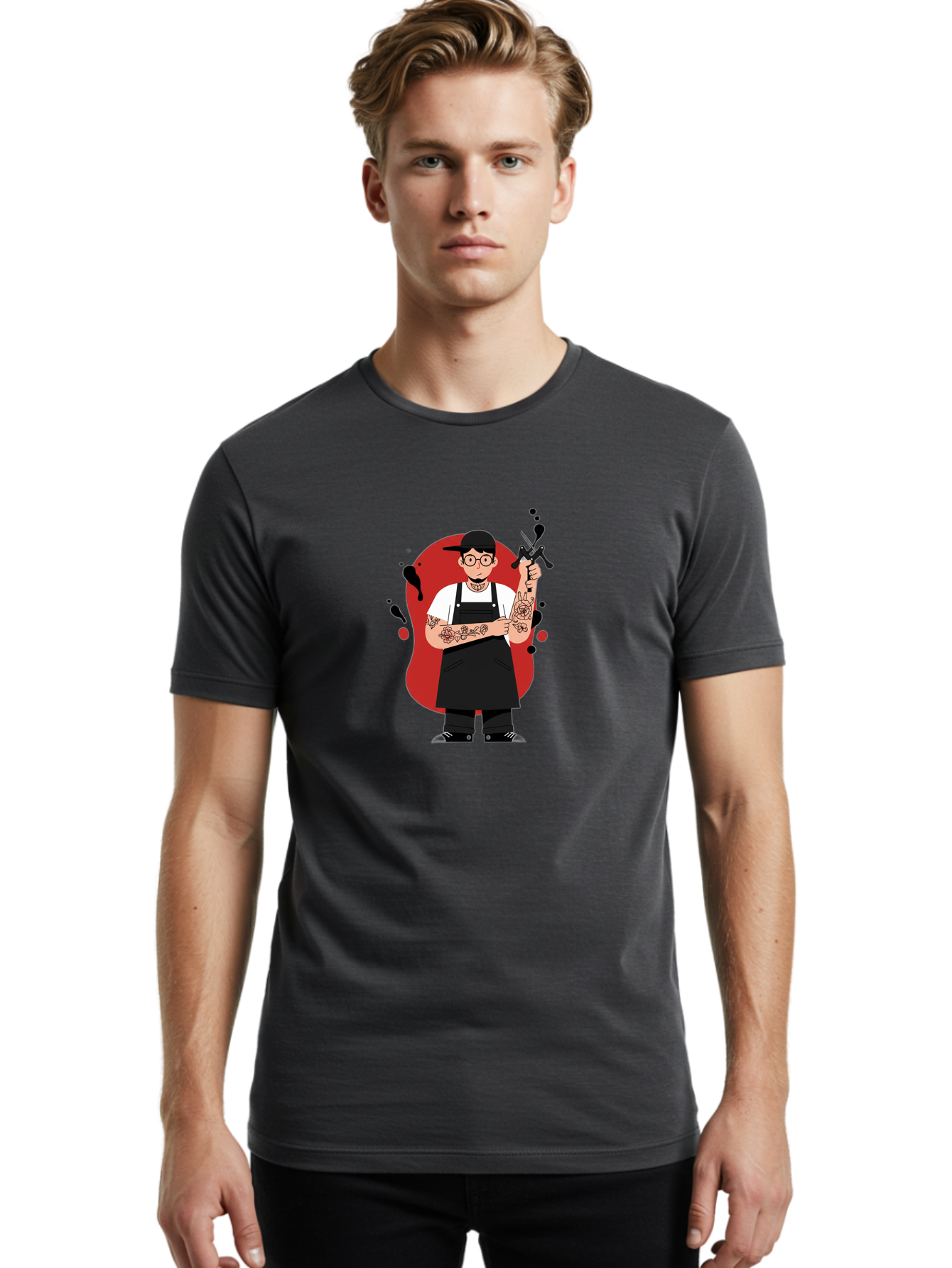 Tattooed-Barber Men'S Graphic Tee, 100% Cotton, Comfortable Casual Summer Wear, Machine Washable, Tattoo Artist At Work, Body Art, Creative Profession, Ink Splatters, Tattoo Machine, Artistic Expression, Tattoo Culture, Body Modification Bad824