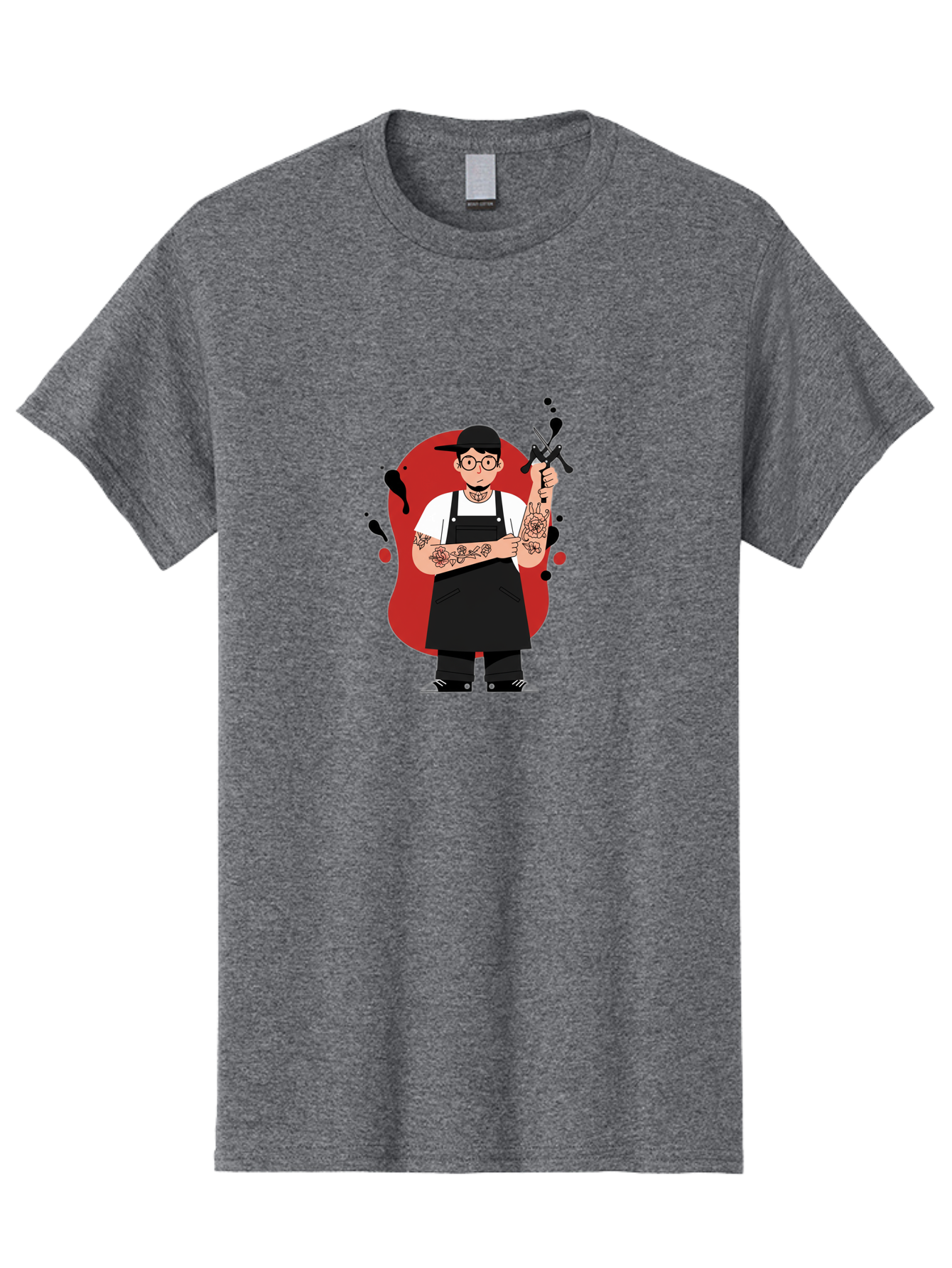 Tattooed-Barber Men'S Graphic Tee, 100% Cotton, Comfortable Casual Summer Wear, Machine Washable, Tattoo Artist At Work, Body Art, Creative Profession, Ink Splatters, Tattoo Machine, Artistic Expression, Tattoo Culture, Body Modification Bad824
