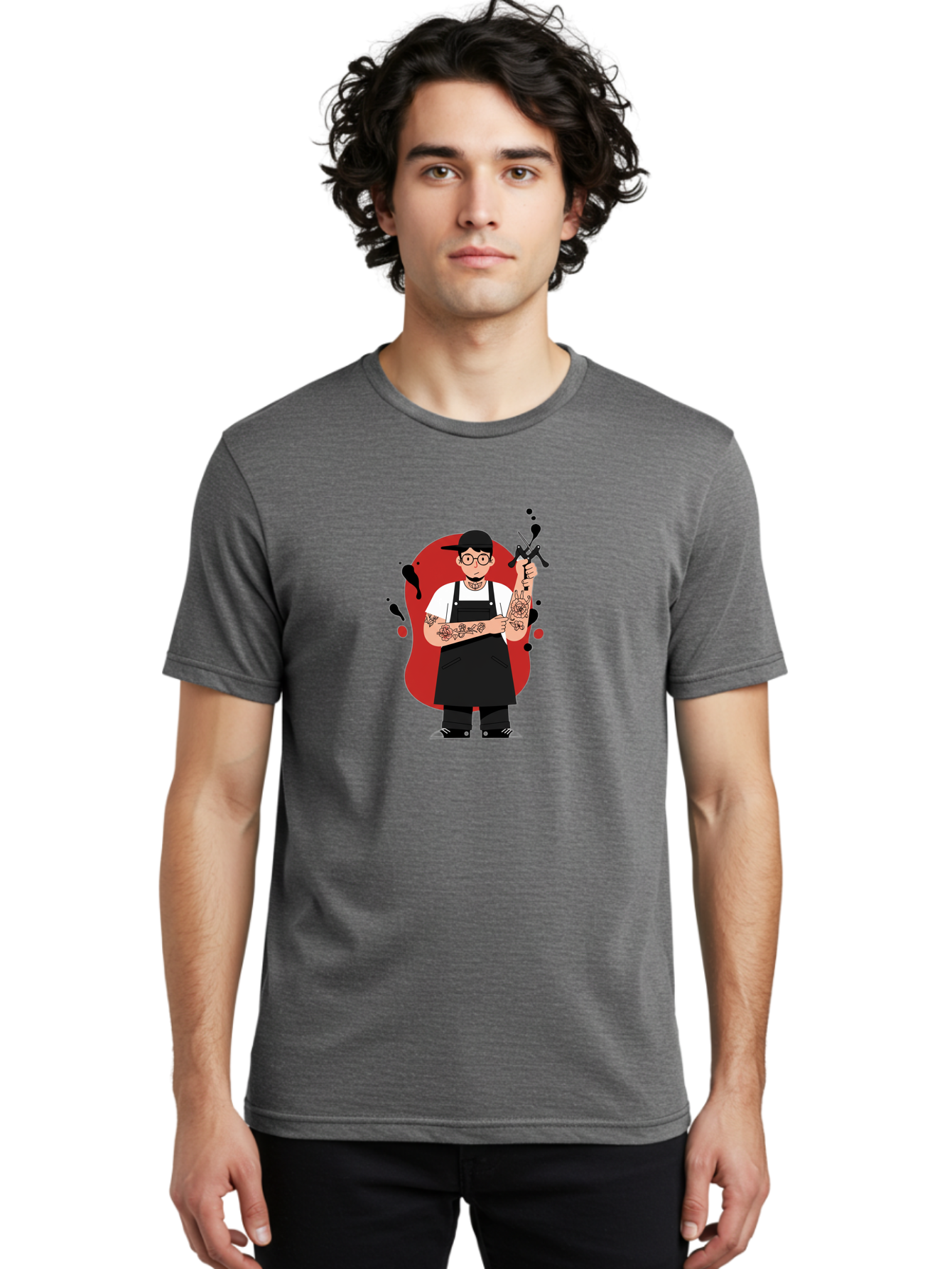 Tattooed-Barber Men'S Graphic Tee, 100% Cotton, Comfortable Casual Summer Wear, Machine Washable, Tattoo Artist At Work, Body Art, Creative Profession, Ink Splatters, Tattoo Machine, Artistic Expression, Tattoo Culture, Body Modification Bad824