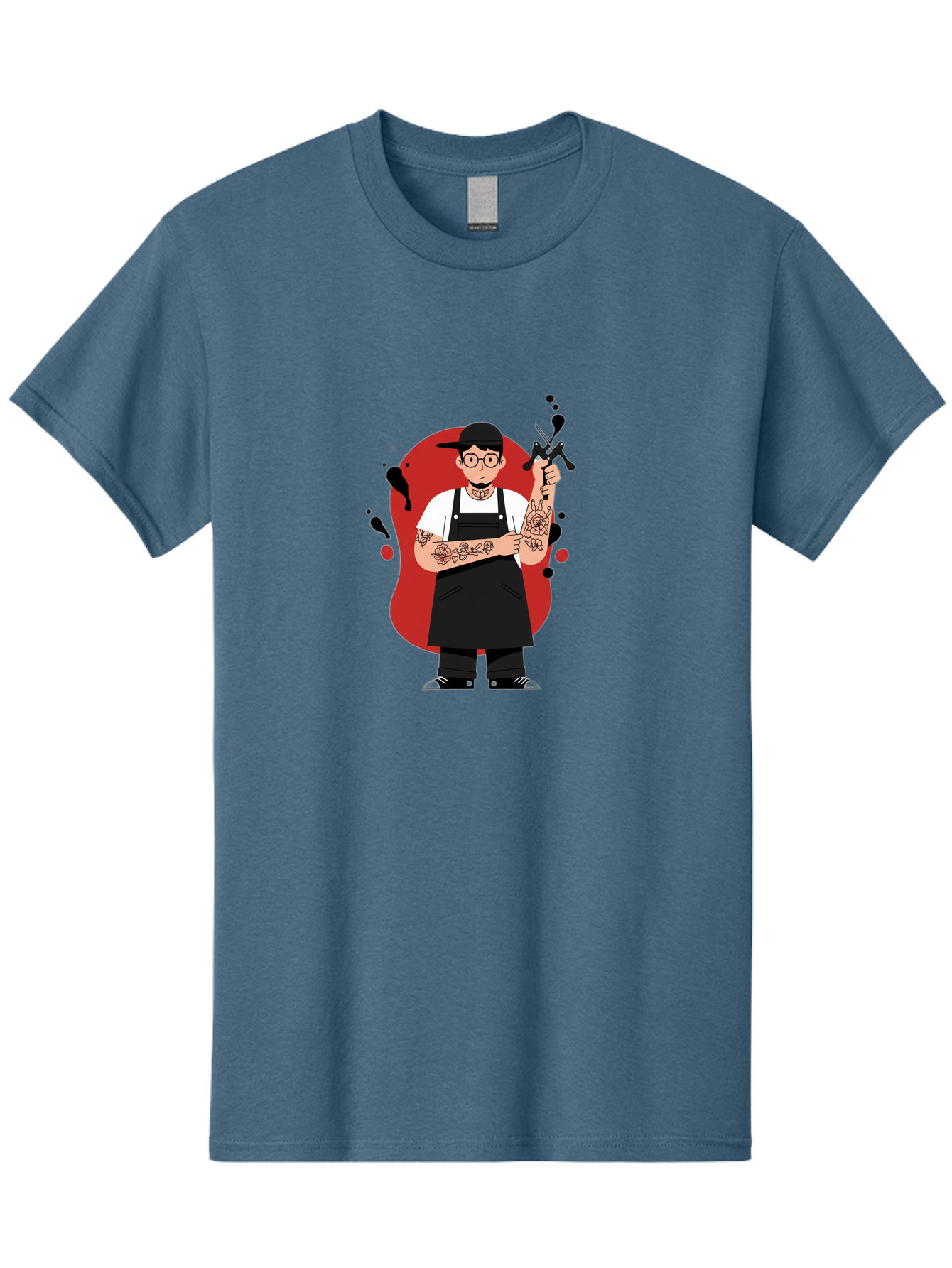 Tattooed-Barber Men'S Graphic Tee, 100% Cotton, Comfortable Casual Summer Wear, Machine Washable, Tattoo Artist At Work, Body Art, Creative Profession, Ink Splatters, Tattoo Machine, Artistic Expression, Tattoo Culture, Body Modification Bad824