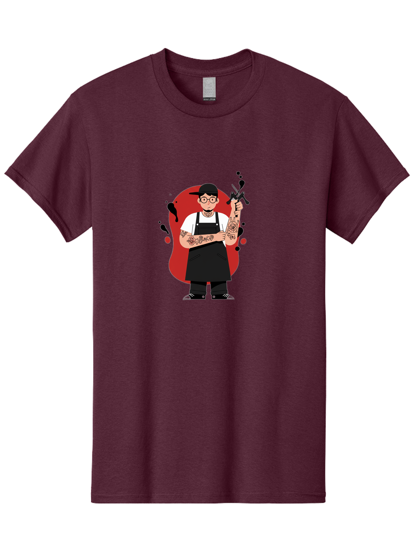 Tattooed-Barber Men'S Graphic Tee, 100% Cotton, Comfortable Casual Summer Wear, Machine Washable, Tattoo Artist At Work, Body Art, Creative Profession, Ink Splatters, Tattoo Machine, Artistic Expression, Tattoo Culture, Body Modification Bad824