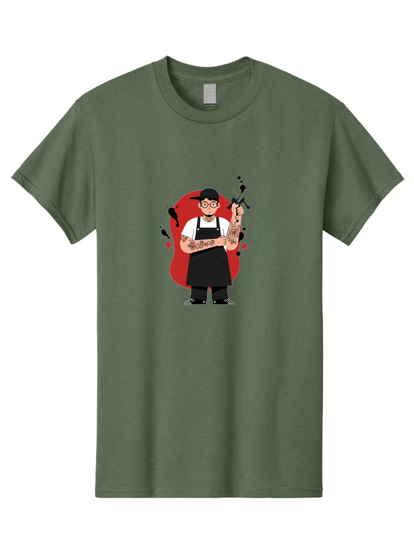 Tattooed-Barber Men'S Graphic Tee, 100% Cotton, Comfortable Casual Summer Wear, Machine Washable, Tattoo Artist At Work, Body Art, Creative Profession, Ink Splatters, Tattoo Machine, Artistic Expression, Tattoo Culture, Body Modification Bad824