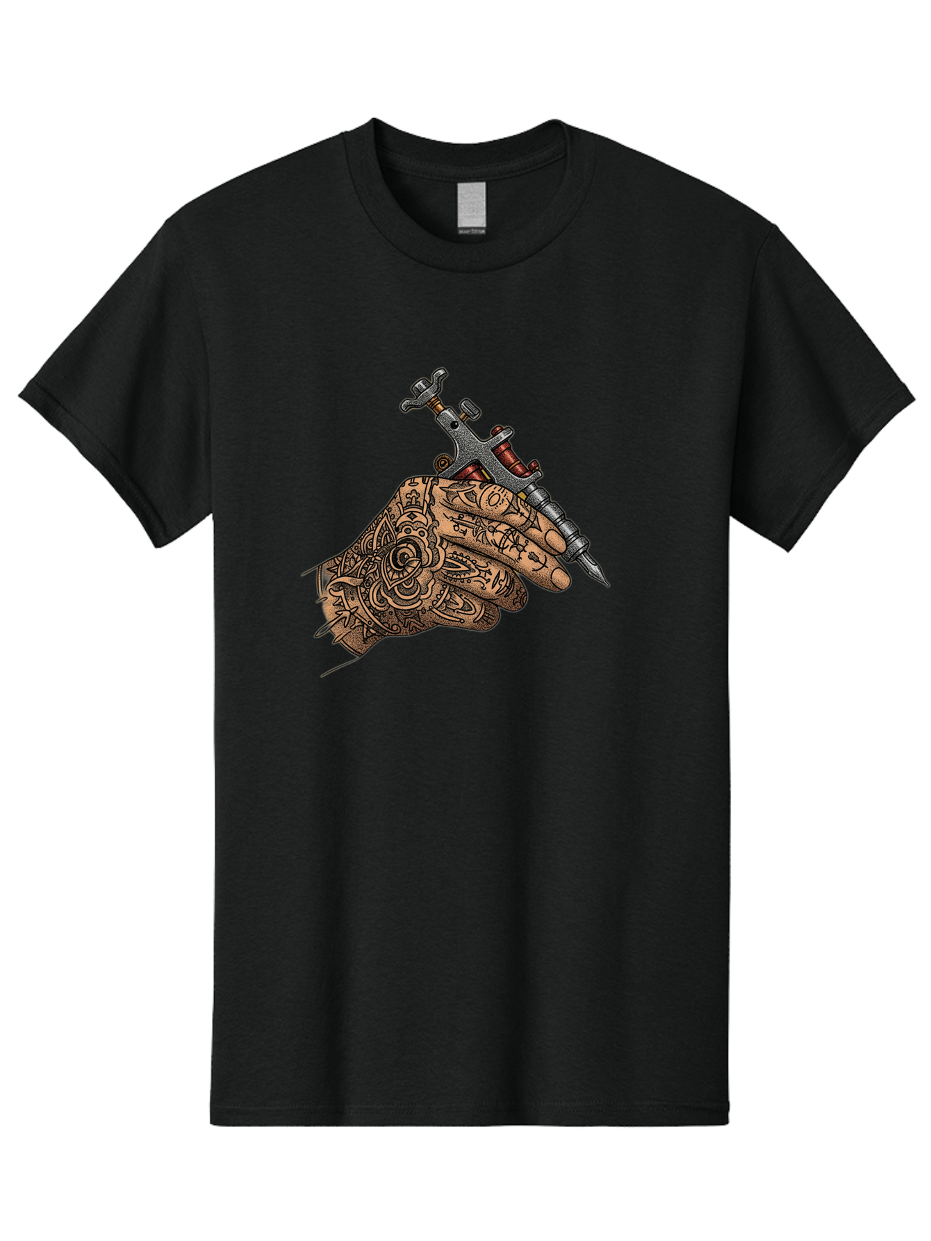 Tattooed-Hand-Holding-Tattoo-Machine-1 Men'S Graphic Tee, 100% Cotton, Comfortable Casual Summer Wear, Machine Washable, Tattoo Machine, Tattooed Hand, Intricate Designs, Body Art, Tattoo Culture, Artistry, Creativity, Self-Expression, Bad825