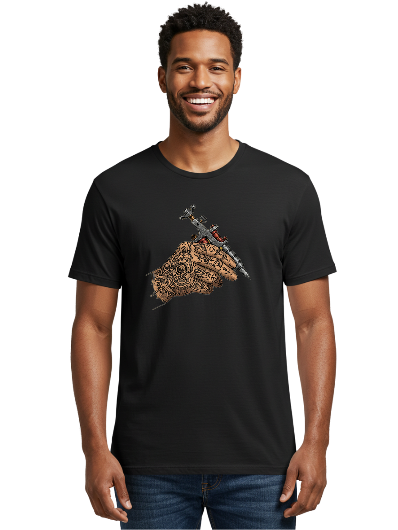 Tattooed-Hand-Holding-Tattoo-Machine-1 Men'S Graphic Tee, 100% Cotton, Comfortable Casual Summer Wear, Machine Washable, Tattoo Machine, Tattooed Hand, Intricate Designs, Body Art, Tattoo Culture, Artistry, Creativity, Self-Expression, Bad825