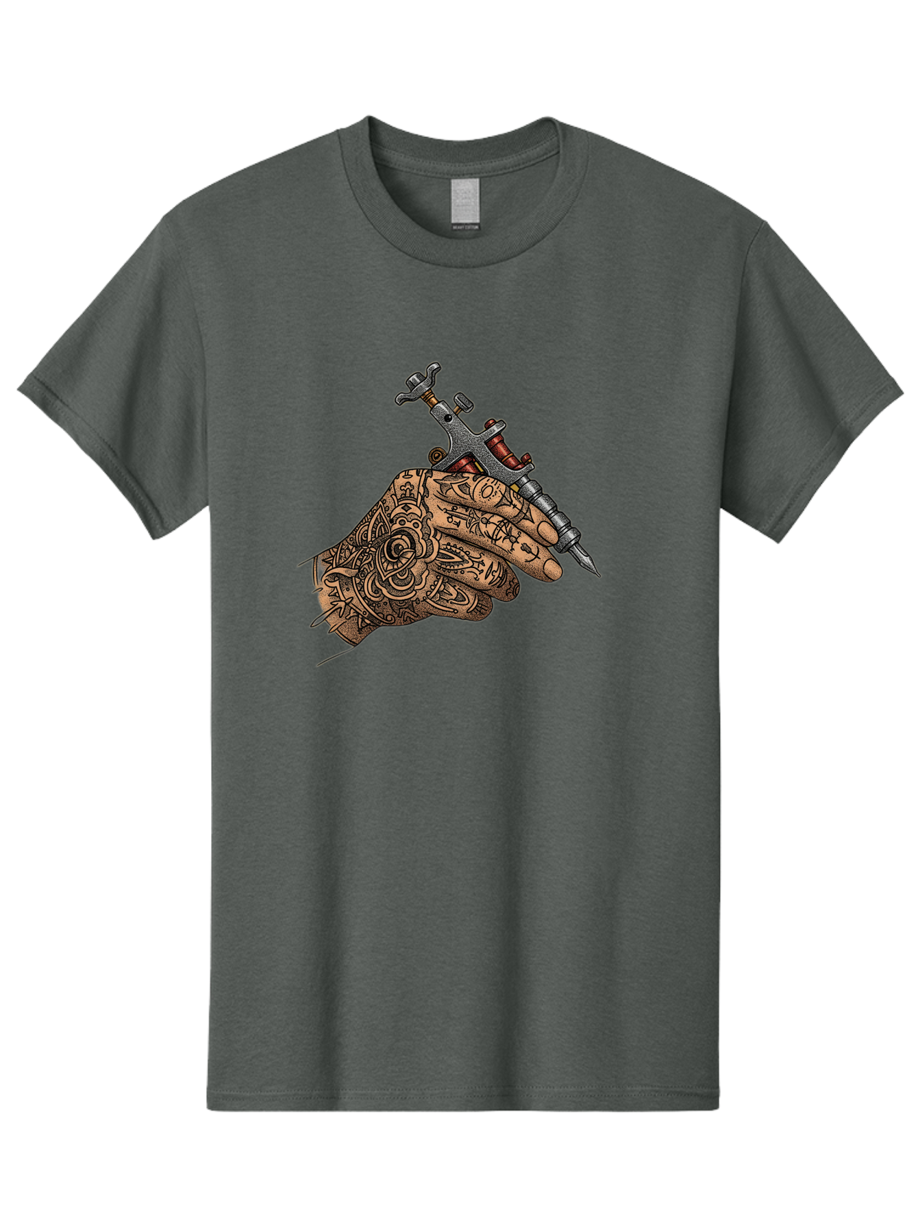 Tattooed-Hand-Holding-Tattoo-Machine-1 Men'S Graphic Tee, 100% Cotton, Comfortable Casual Summer Wear, Machine Washable, Tattoo Machine, Tattooed Hand, Intricate Designs, Body Art, Tattoo Culture, Artistry, Creativity, Self-Expression, Bad825