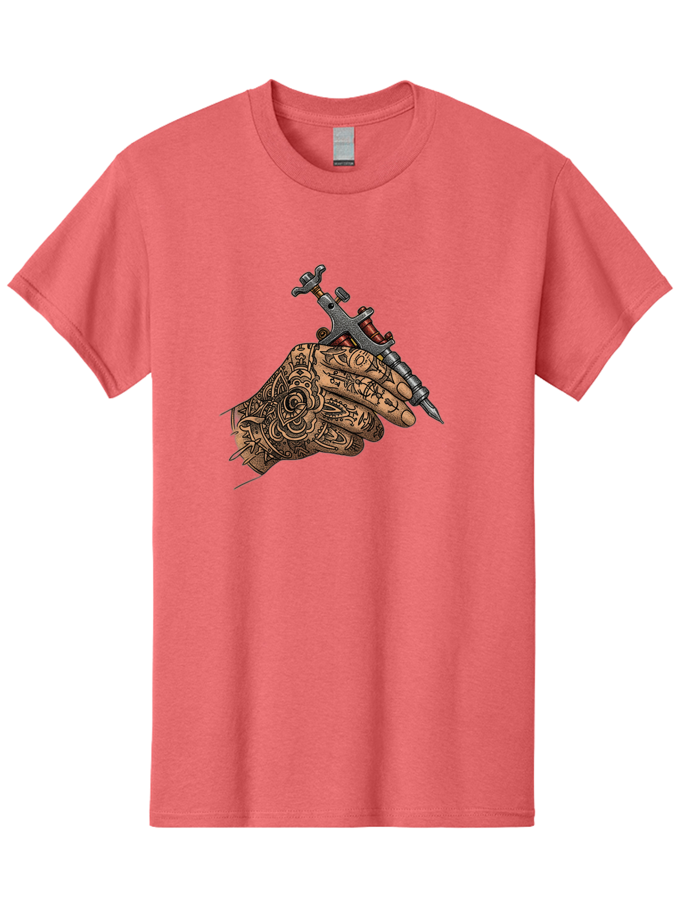Tattooed-Hand-Holding-Tattoo-Machine-1 Men'S Graphic Tee, 100% Cotton, Comfortable Casual Summer Wear, Machine Washable, Tattoo Machine, Tattooed Hand, Intricate Designs, Body Art, Tattoo Culture, Artistry, Creativity, Self-Expression, Bad825