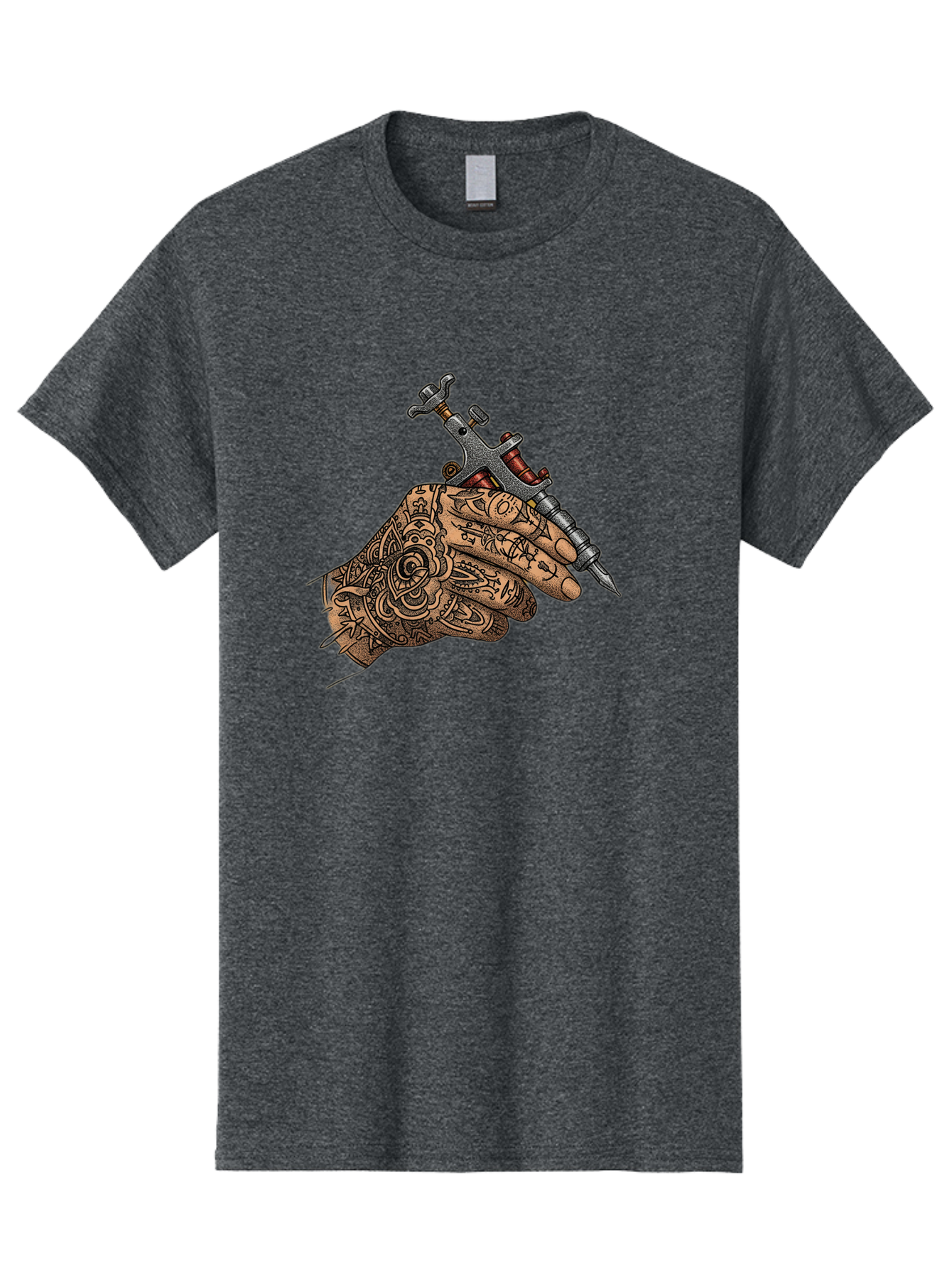 Tattooed-Hand-Holding-Tattoo-Machine-1 Men'S Graphic Tee, 100% Cotton, Comfortable Casual Summer Wear, Machine Washable, Tattoo Machine, Tattooed Hand, Intricate Designs, Body Art, Tattoo Culture, Artistry, Creativity, Self-Expression, Bad825