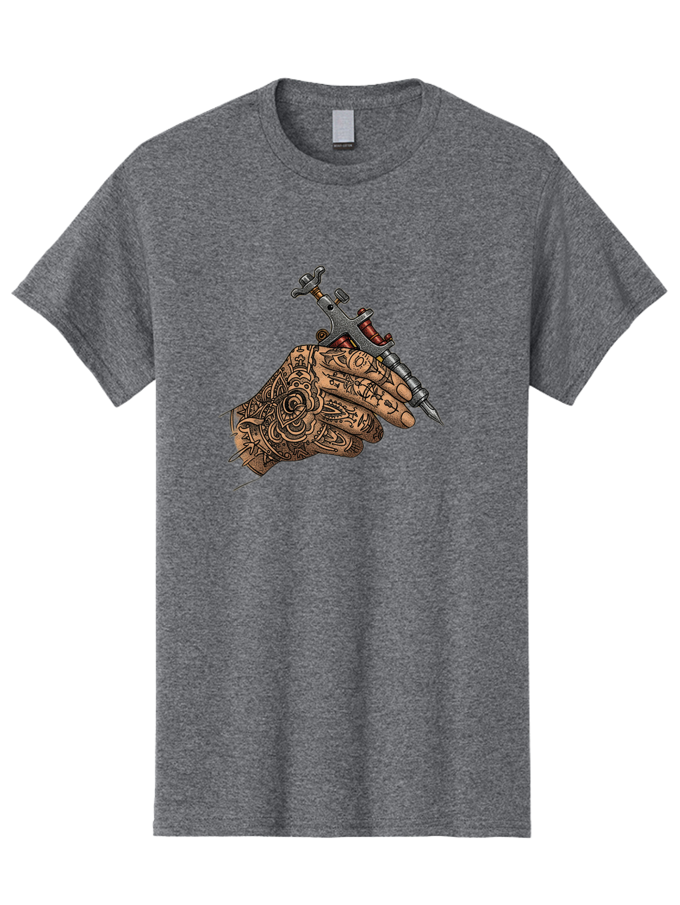 Tattooed-Hand-Holding-Tattoo-Machine-1 Men'S Graphic Tee, 100% Cotton, Comfortable Casual Summer Wear, Machine Washable, Tattoo Machine, Tattooed Hand, Intricate Designs, Body Art, Tattoo Culture, Artistry, Creativity, Self-Expression, Bad825