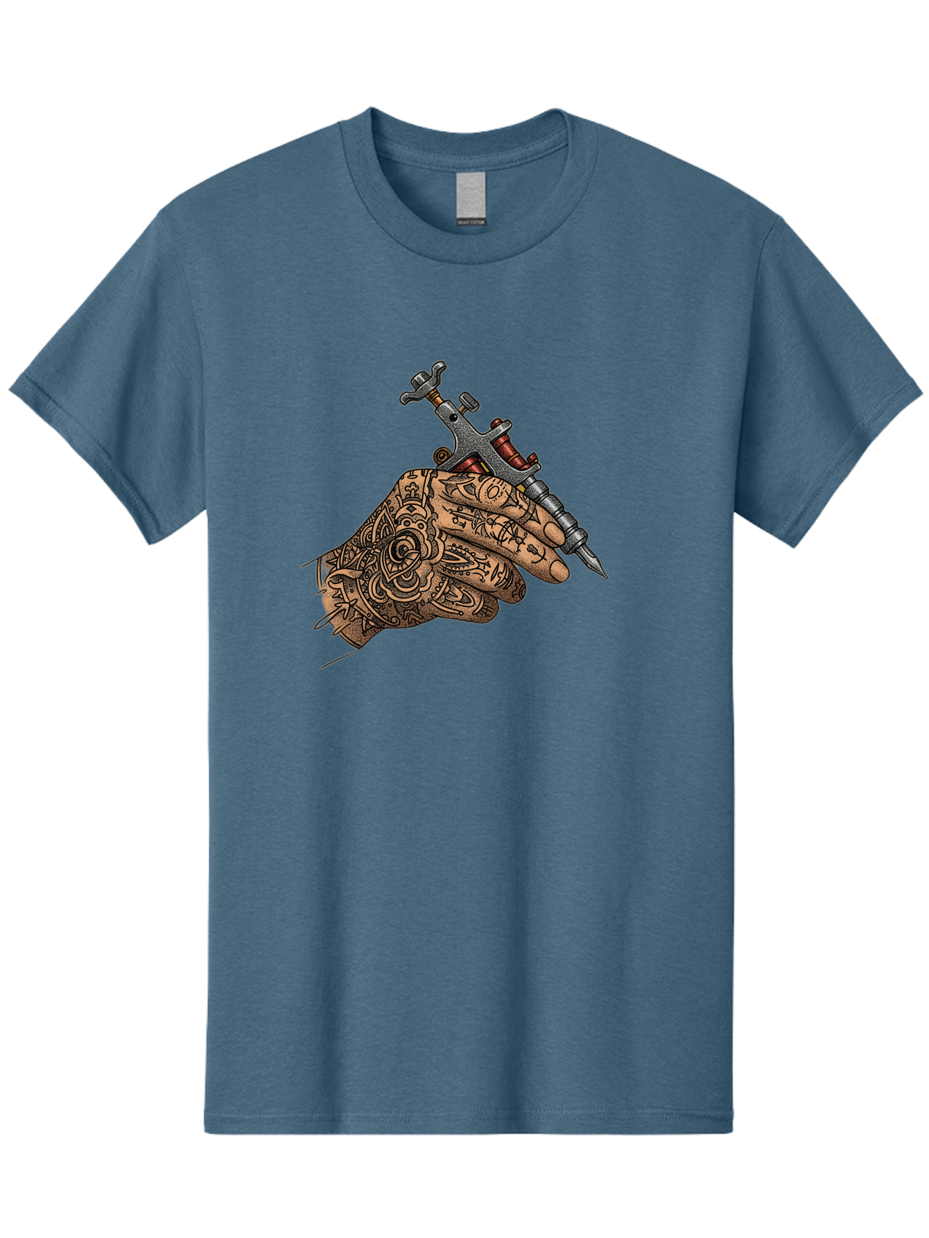 Tattooed-Hand-Holding-Tattoo-Machine-1 Men'S Graphic Tee, 100% Cotton, Comfortable Casual Summer Wear, Machine Washable, Tattoo Machine, Tattooed Hand, Intricate Designs, Body Art, Tattoo Culture, Artistry, Creativity, Self-Expression, Bad825