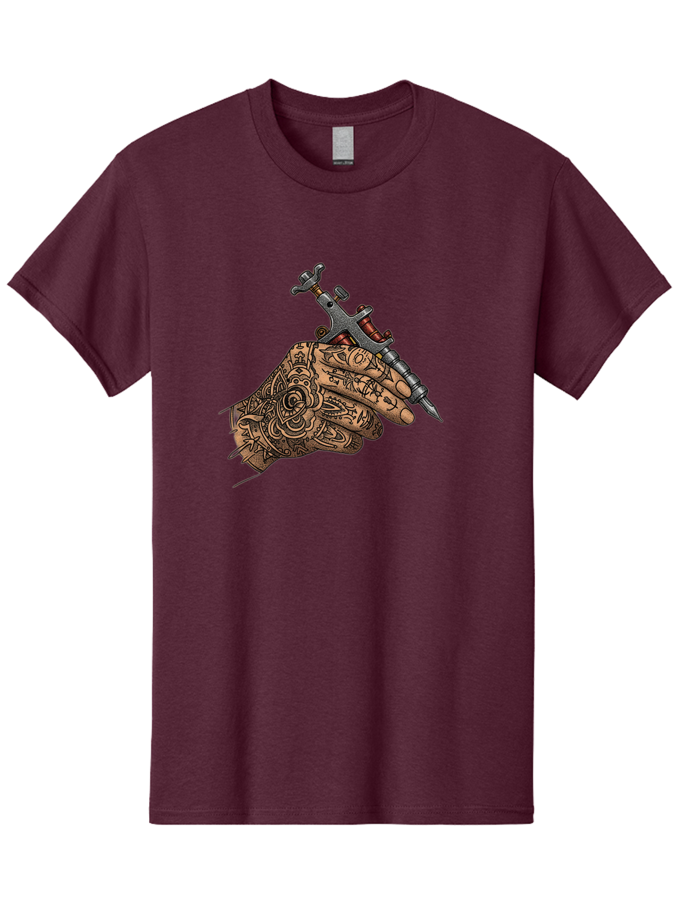 Tattooed-Hand-Holding-Tattoo-Machine-1 Men'S Graphic Tee, 100% Cotton, Comfortable Casual Summer Wear, Machine Washable, Tattoo Machine, Tattooed Hand, Intricate Designs, Body Art, Tattoo Culture, Artistry, Creativity, Self-Expression, Bad825