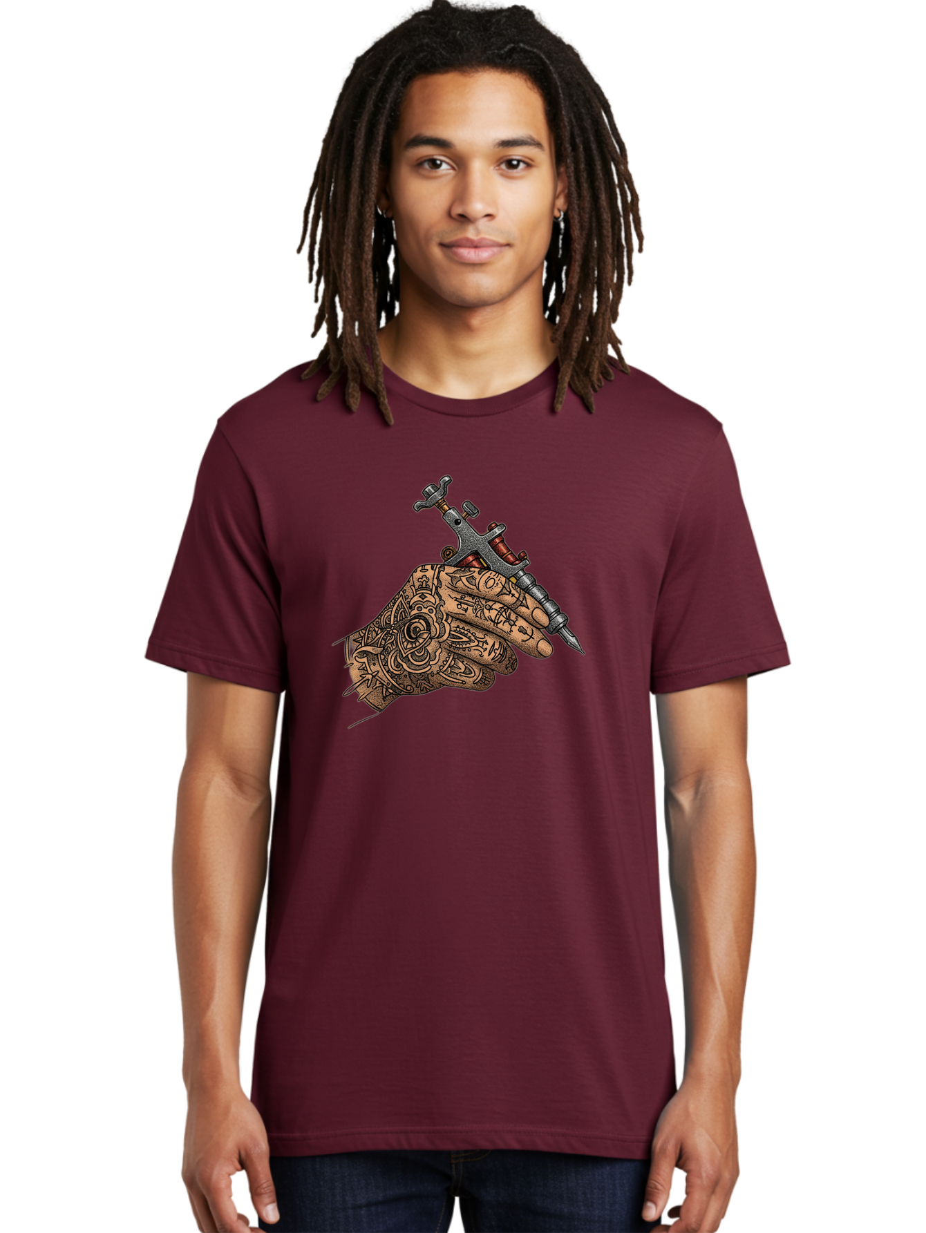 Tattooed-Hand-Holding-Tattoo-Machine-1 Men'S Graphic Tee, 100% Cotton, Comfortable Casual Summer Wear, Machine Washable, Tattoo Machine, Tattooed Hand, Intricate Designs, Body Art, Tattoo Culture, Artistry, Creativity, Self-Expression, Bad825