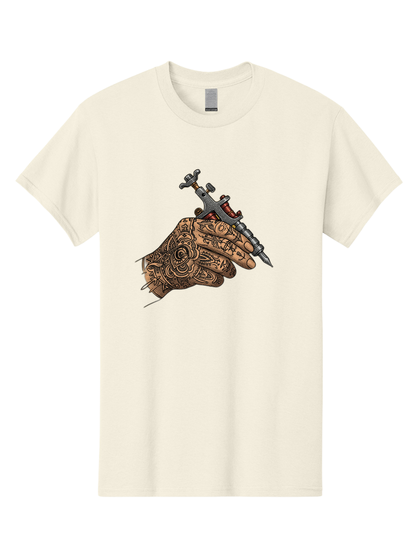 Tattooed-Hand-Holding-Tattoo-Machine-1 Men'S Graphic Tee, 100% Cotton, Comfortable Casual Summer Wear, Machine Washable, Tattoo Machine, Tattooed Hand, Intricate Designs, Body Art, Tattoo Culture, Artistry, Creativity, Self-Expression, Bad825