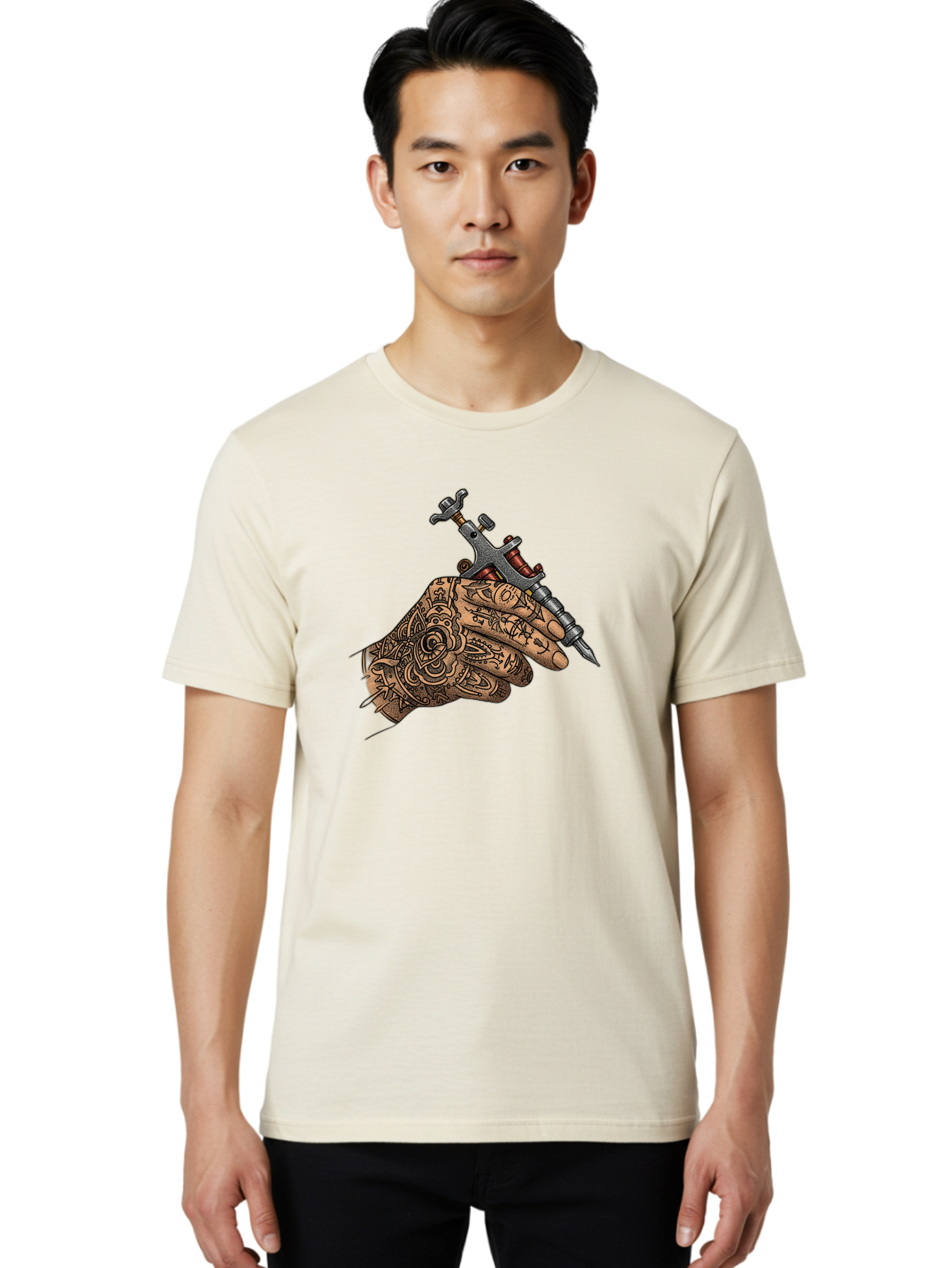 Tattooed-Hand-Holding-Tattoo-Machine-1 Men'S Graphic Tee, 100% Cotton, Comfortable Casual Summer Wear, Machine Washable, Tattoo Machine, Tattooed Hand, Intricate Designs, Body Art, Tattoo Culture, Artistry, Creativity, Self-Expression, Bad825
