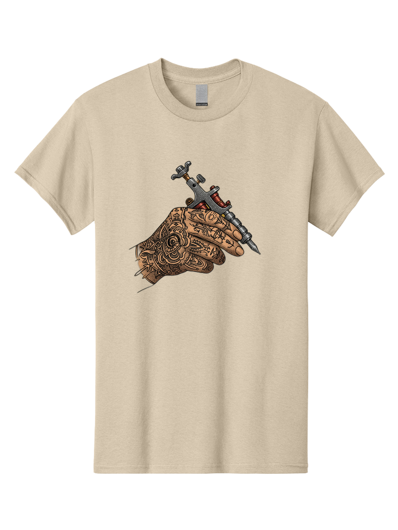 Tattooed-Hand-Holding-Tattoo-Machine-1 Men'S Graphic Tee, 100% Cotton, Comfortable Casual Summer Wear, Machine Washable, Tattoo Machine, Tattooed Hand, Intricate Designs, Body Art, Tattoo Culture, Artistry, Creativity, Self-Expression, Bad825