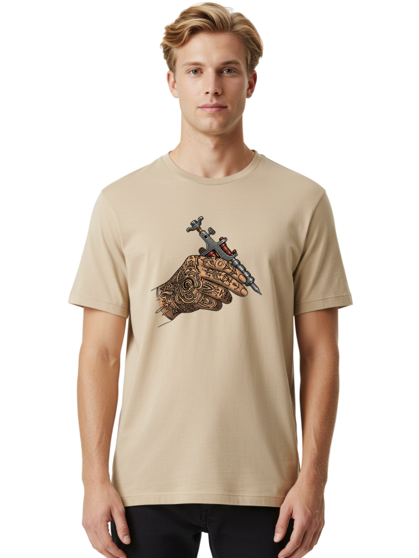 Tattooed-Hand-Holding-Tattoo-Machine-1 Men'S Graphic Tee, 100% Cotton, Comfortable Casual Summer Wear, Machine Washable, Tattoo Machine, Tattooed Hand, Intricate Designs, Body Art, Tattoo Culture, Artistry, Creativity, Self-Expression, Bad825