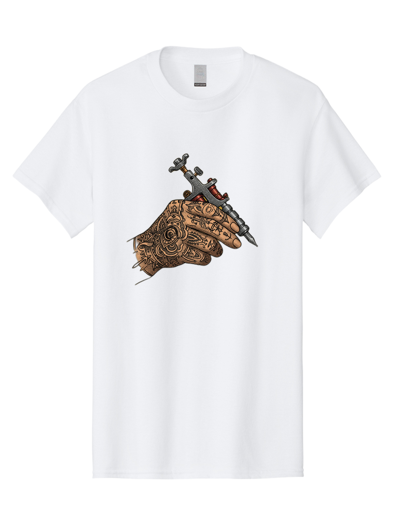 Tattooed-Hand-Holding-Tattoo-Machine-1 Men'S Graphic Tee, 100% Cotton, Comfortable Casual Summer Wear, Machine Washable, Tattoo Machine, Tattooed Hand, Intricate Designs, Body Art, Tattoo Culture, Artistry, Creativity, Self-Expression, Bad825