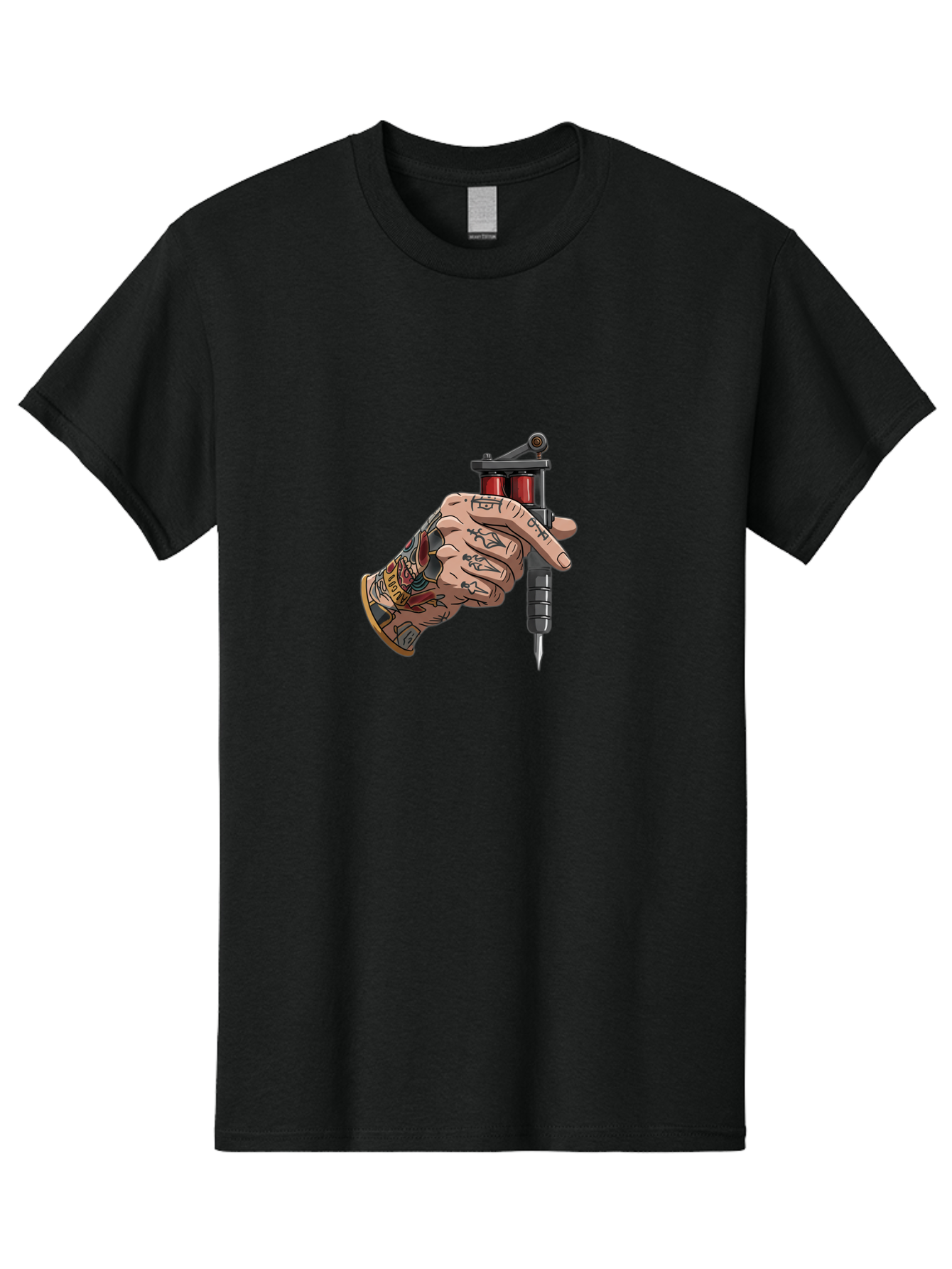 Tattooed-Hand-Holding-Tattoo-Machine Men'S Graphic Tee, 100% Cotton, Comfortable Casual Summer Wear, Machine Washable, Tattooed Hand, Cartoon Illustration, Tattoo Machine, Ink Art, Body Art, Tattoo Culture, Body Modification Bad826
