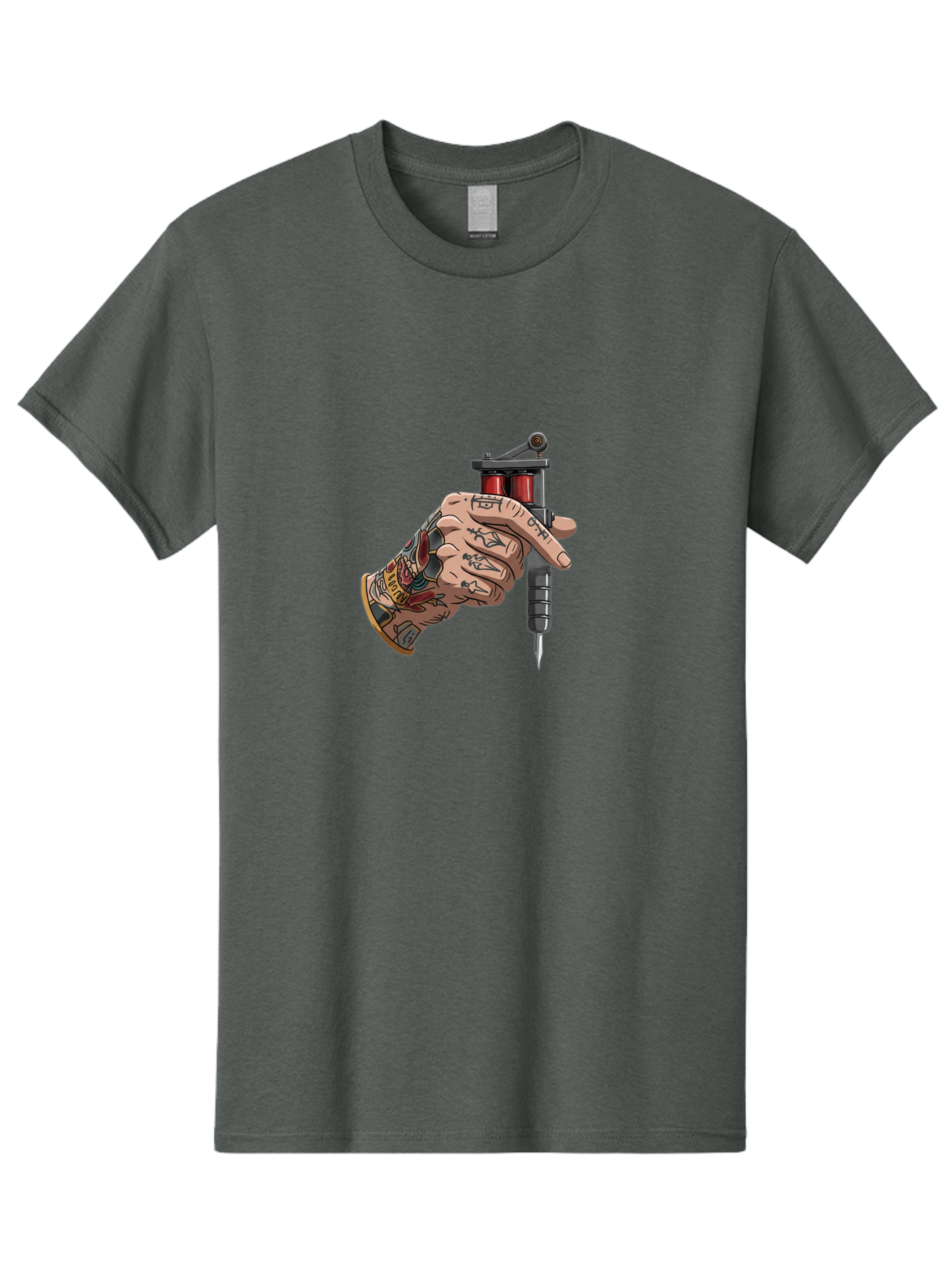 Tattooed-Hand-Holding-Tattoo-Machine Men'S Graphic Tee, 100% Cotton, Comfortable Casual Summer Wear, Machine Washable, Tattooed Hand, Cartoon Illustration, Tattoo Machine, Ink Art, Body Art, Tattoo Culture, Body Modification Bad826