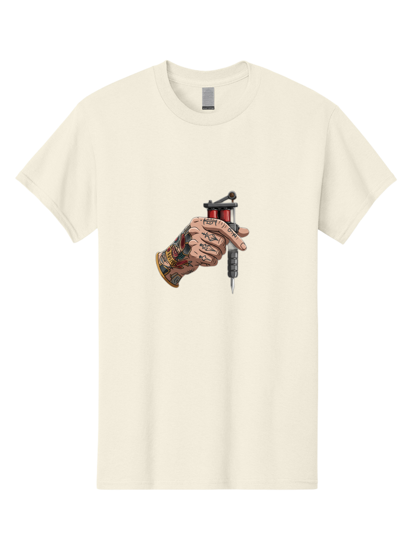 Tattooed-Hand-Holding-Tattoo-Machine Men'S Graphic Tee, 100% Cotton, Comfortable Casual Summer Wear, Machine Washable, Tattooed Hand, Cartoon Illustration, Tattoo Machine, Ink Art, Body Art, Tattoo Culture, Body Modification Bad826