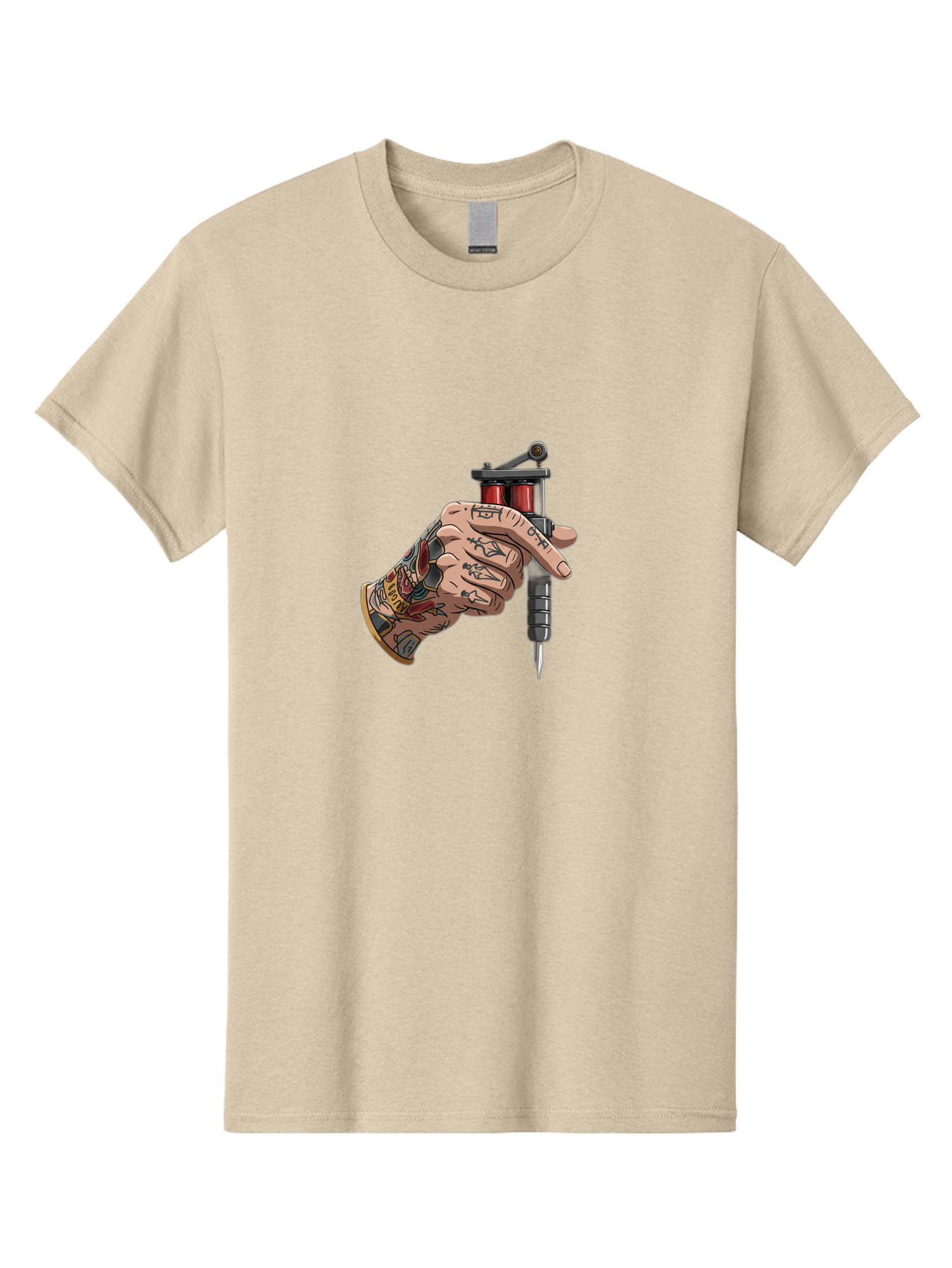 Tattooed-Hand-Holding-Tattoo-Machine Men'S Graphic Tee, 100% Cotton, Comfortable Casual Summer Wear, Machine Washable, Tattooed Hand, Cartoon Illustration, Tattoo Machine, Ink Art, Body Art, Tattoo Culture, Body Modification Bad826