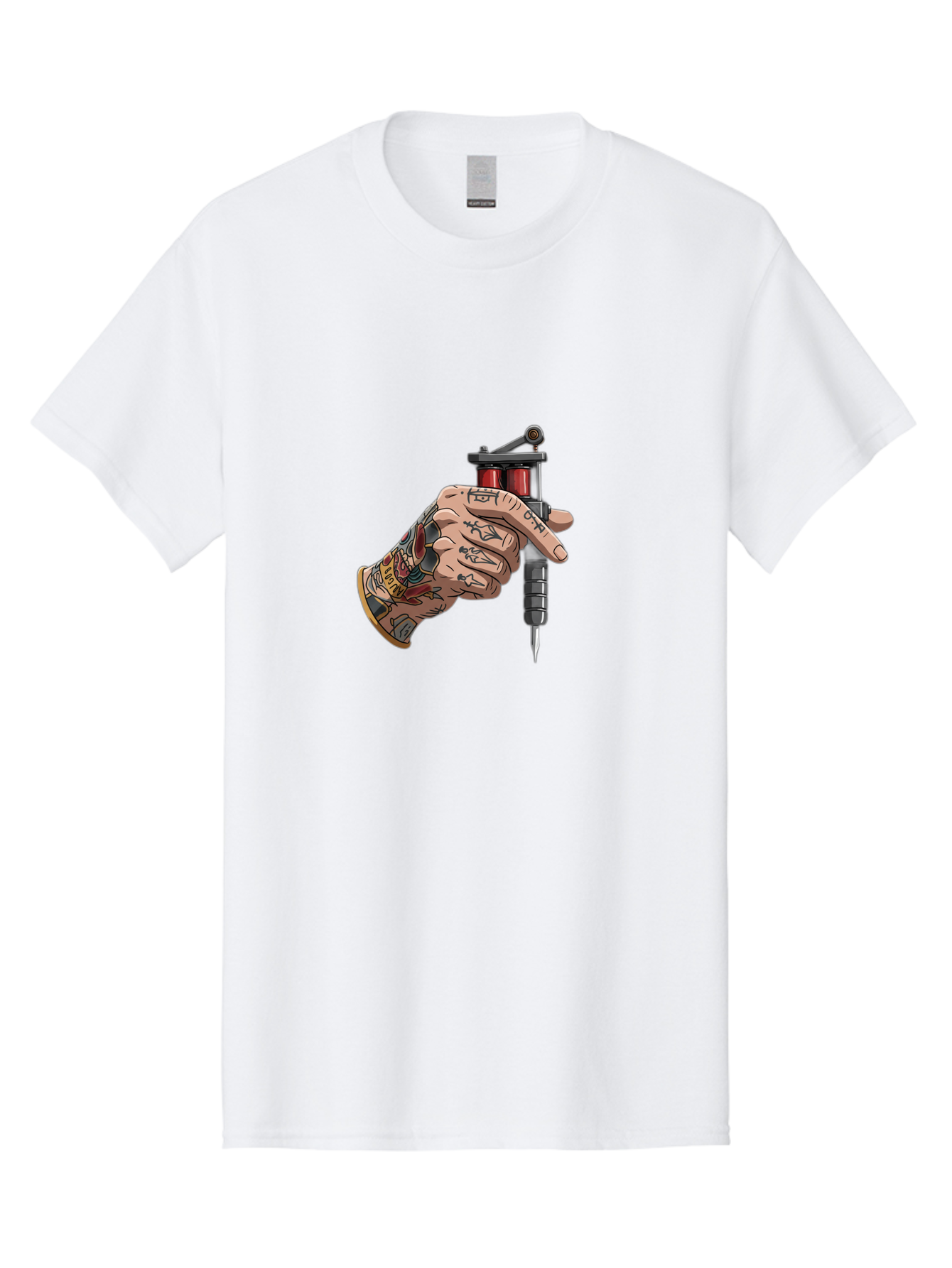 Tattooed-Hand-Holding-Tattoo-Machine Men'S Graphic Tee, 100% Cotton, Comfortable Casual Summer Wear, Machine Washable, Tattooed Hand, Cartoon Illustration, Tattoo Machine, Ink Art, Body Art, Tattoo Culture, Body Modification Bad826