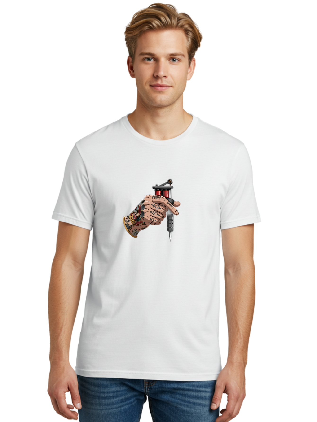 Tattooed-Hand-Holding-Tattoo-Machine Men'S Graphic Tee, 100% Cotton, Comfortable Casual Summer Wear, Machine Washable, Tattooed Hand, Cartoon Illustration, Tattoo Machine, Ink Art, Body Art, Tattoo Culture, Body Modification Bad826
