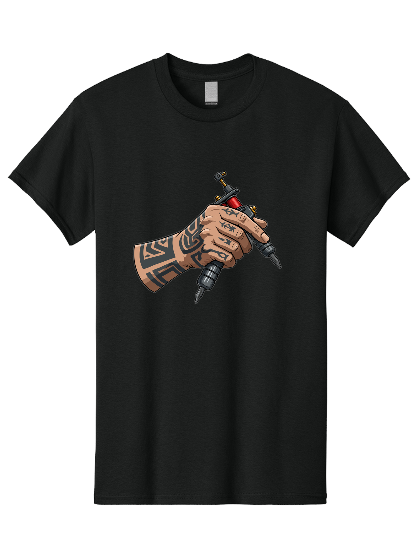 Tattooed-Hand-Holding-Tattoo-Machines Men'S Graphic Tee, 100% Cotton, Comfortable Casual Summer Wear, Machine Washable, Tattooed Hand, Tattoo Machines, Body Art, Ink, Tattoo Artist, Tribal Patterns, Black Ink, Graphic Illustration, Bad827