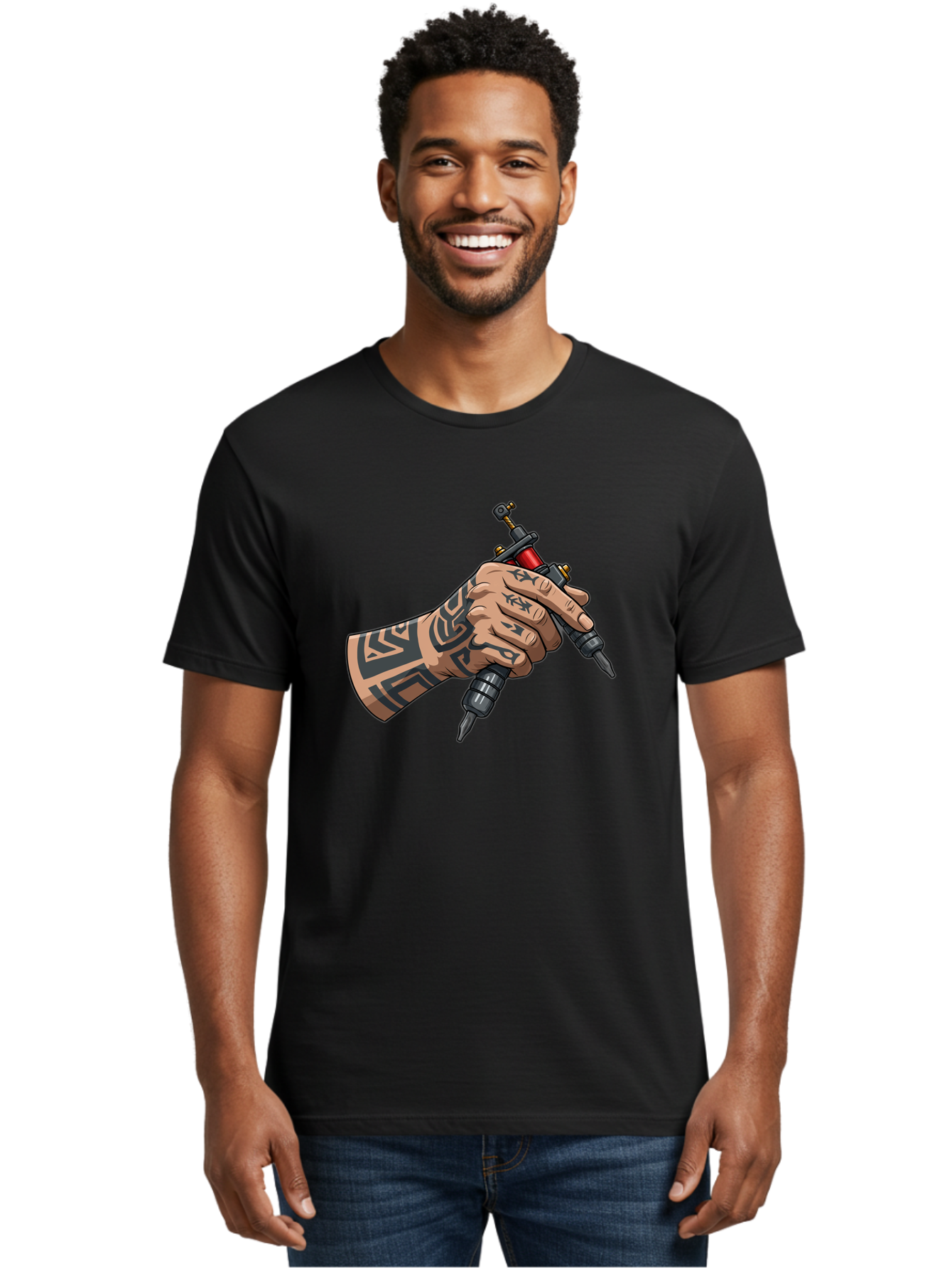 Tattooed-Hand-Holding-Tattoo-Machines Men'S Graphic Tee, 100% Cotton, Comfortable Casual Summer Wear, Machine Washable, Tattooed Hand, Tattoo Machines, Body Art, Ink, Tattoo Artist, Tribal Patterns, Black Ink, Graphic Illustration, Bad827