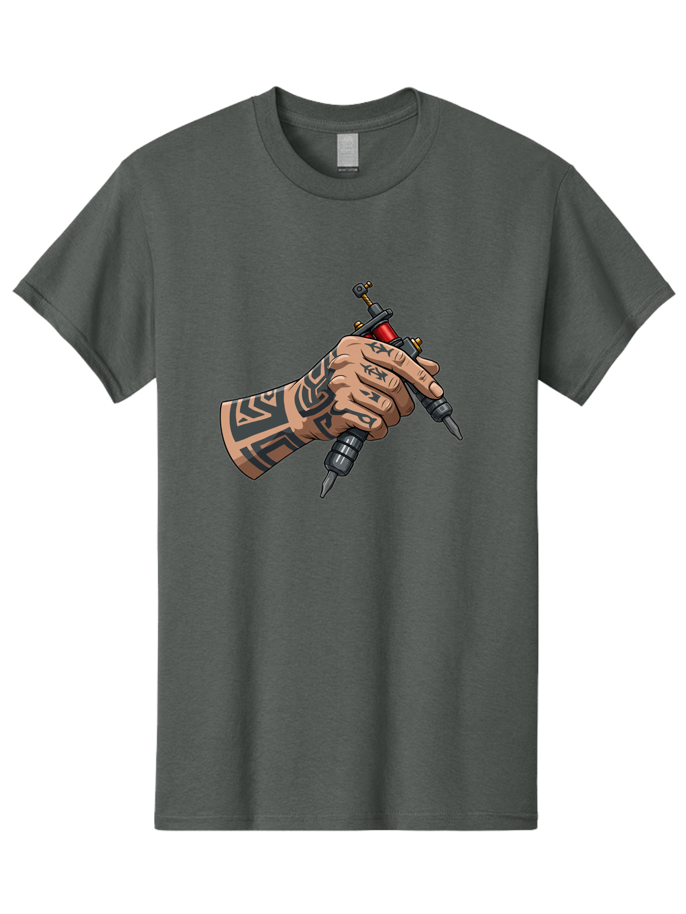 Tattooed-Hand-Holding-Tattoo-Machines Men'S Graphic Tee, 100% Cotton, Comfortable Casual Summer Wear, Machine Washable, Tattooed Hand, Tattoo Machines, Body Art, Ink, Tattoo Artist, Tribal Patterns, Black Ink, Graphic Illustration, Bad827