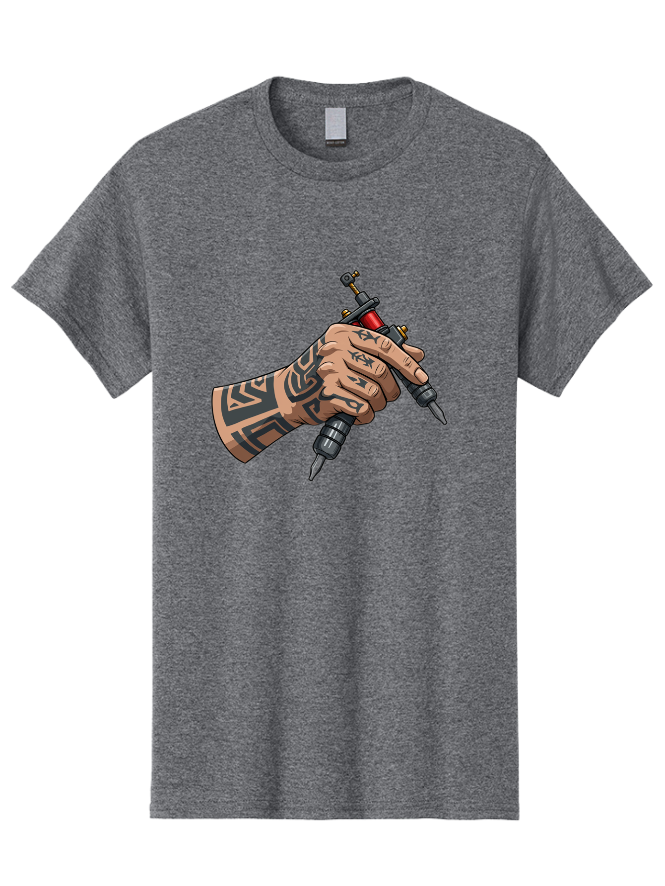 Tattooed-Hand-Holding-Tattoo-Machines Men'S Graphic Tee, 100% Cotton, Comfortable Casual Summer Wear, Machine Washable, Tattooed Hand, Tattoo Machines, Body Art, Ink, Tattoo Artist, Tribal Patterns, Black Ink, Graphic Illustration, Bad827
