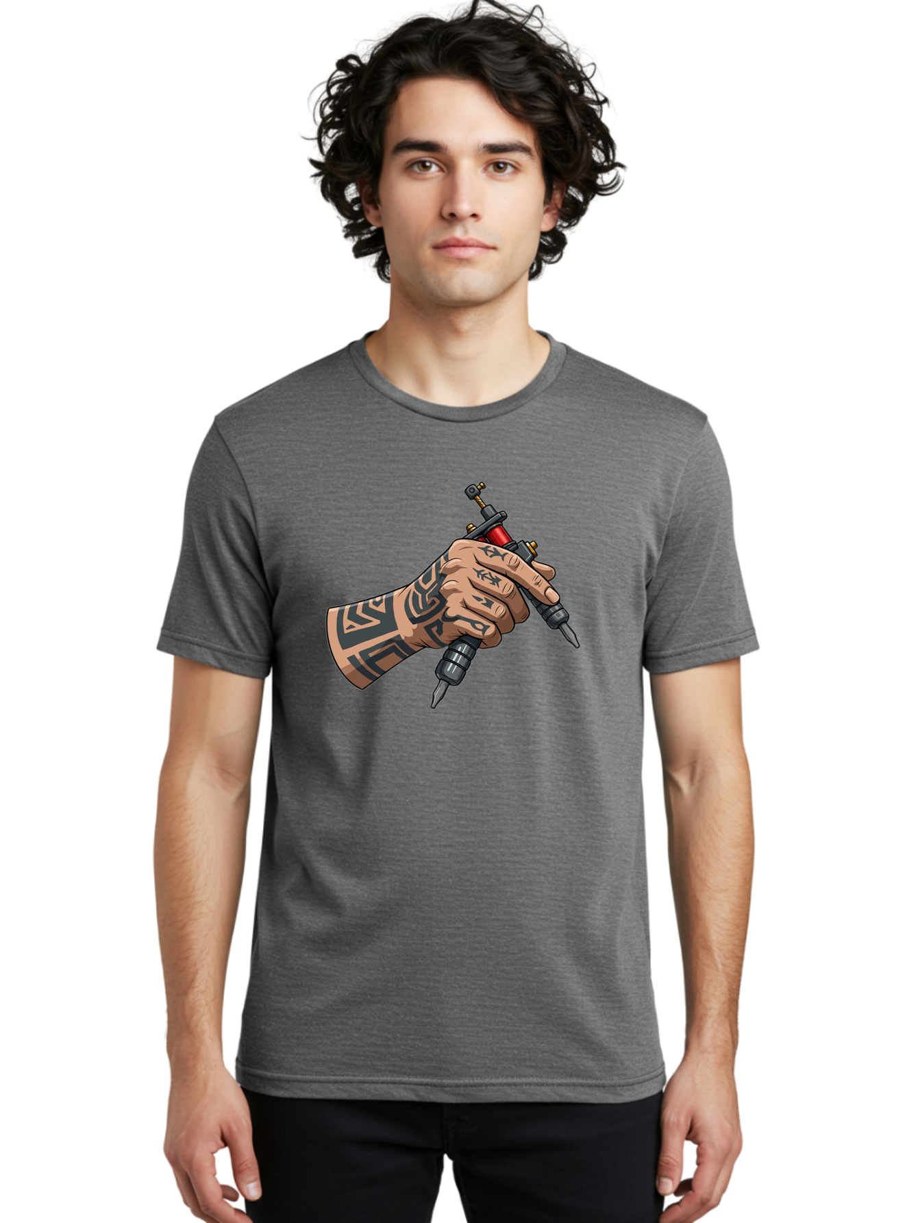 Tattooed-Hand-Holding-Tattoo-Machines Men'S Graphic Tee, 100% Cotton, Comfortable Casual Summer Wear, Machine Washable, Tattooed Hand, Tattoo Machines, Body Art, Ink, Tattoo Artist, Tribal Patterns, Black Ink, Graphic Illustration, Bad827
