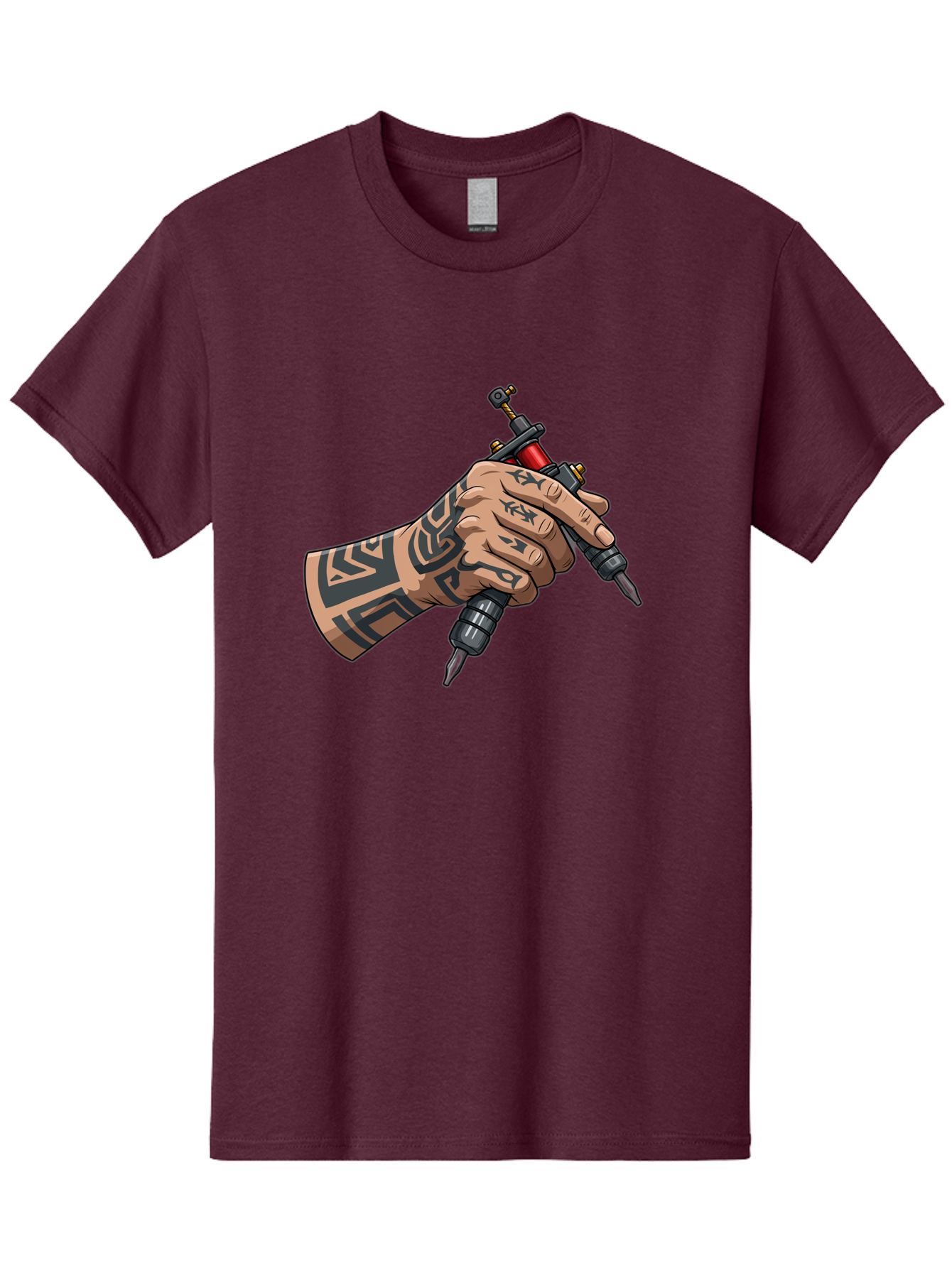 Tattooed-Hand-Holding-Tattoo-Machines Men'S Graphic Tee, 100% Cotton, Comfortable Casual Summer Wear, Machine Washable, Tattooed Hand, Tattoo Machines, Body Art, Ink, Tattoo Artist, Tribal Patterns, Black Ink, Graphic Illustration, Bad827