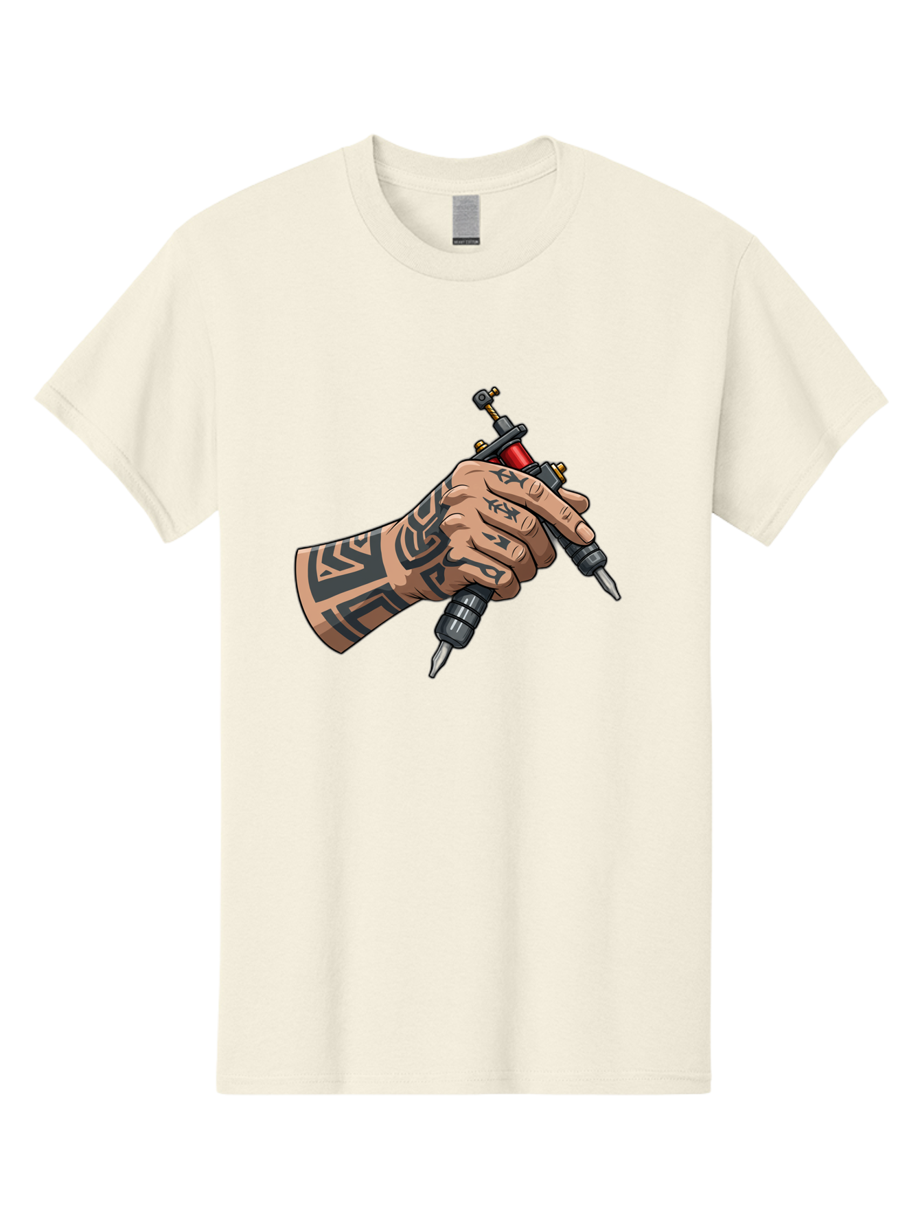 Tattooed-Hand-Holding-Tattoo-Machines Men'S Graphic Tee, 100% Cotton, Comfortable Casual Summer Wear, Machine Washable, Tattooed Hand, Tattoo Machines, Body Art, Ink, Tattoo Artist, Tribal Patterns, Black Ink, Graphic Illustration, Bad827