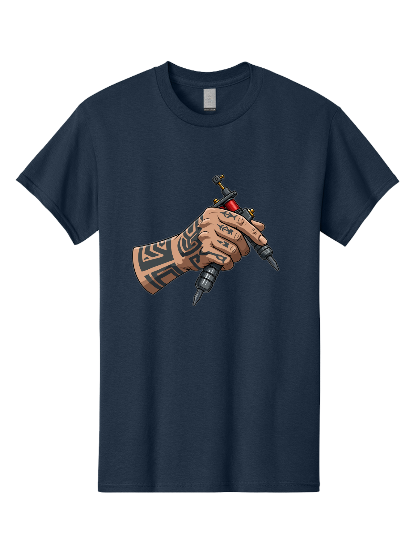 Tattooed-Hand-Holding-Tattoo-Machines Men'S Graphic Tee, 100% Cotton, Comfortable Casual Summer Wear, Machine Washable, Tattooed Hand, Tattoo Machines, Body Art, Ink, Tattoo Artist, Tribal Patterns, Black Ink, Graphic Illustration, Bad827