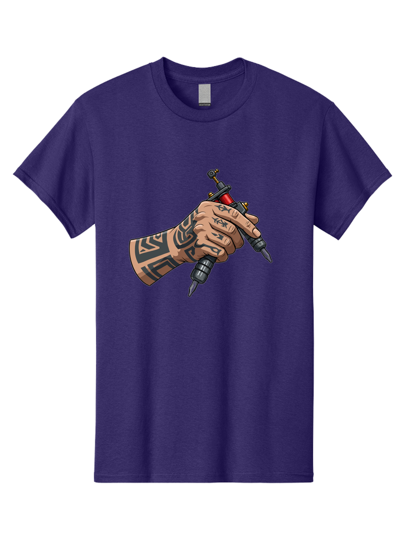 Tattooed-Hand-Holding-Tattoo-Machines Men'S Graphic Tee, 100% Cotton, Comfortable Casual Summer Wear, Machine Washable, Tattooed Hand, Tattoo Machines, Body Art, Ink, Tattoo Artist, Tribal Patterns, Black Ink, Graphic Illustration, Bad827