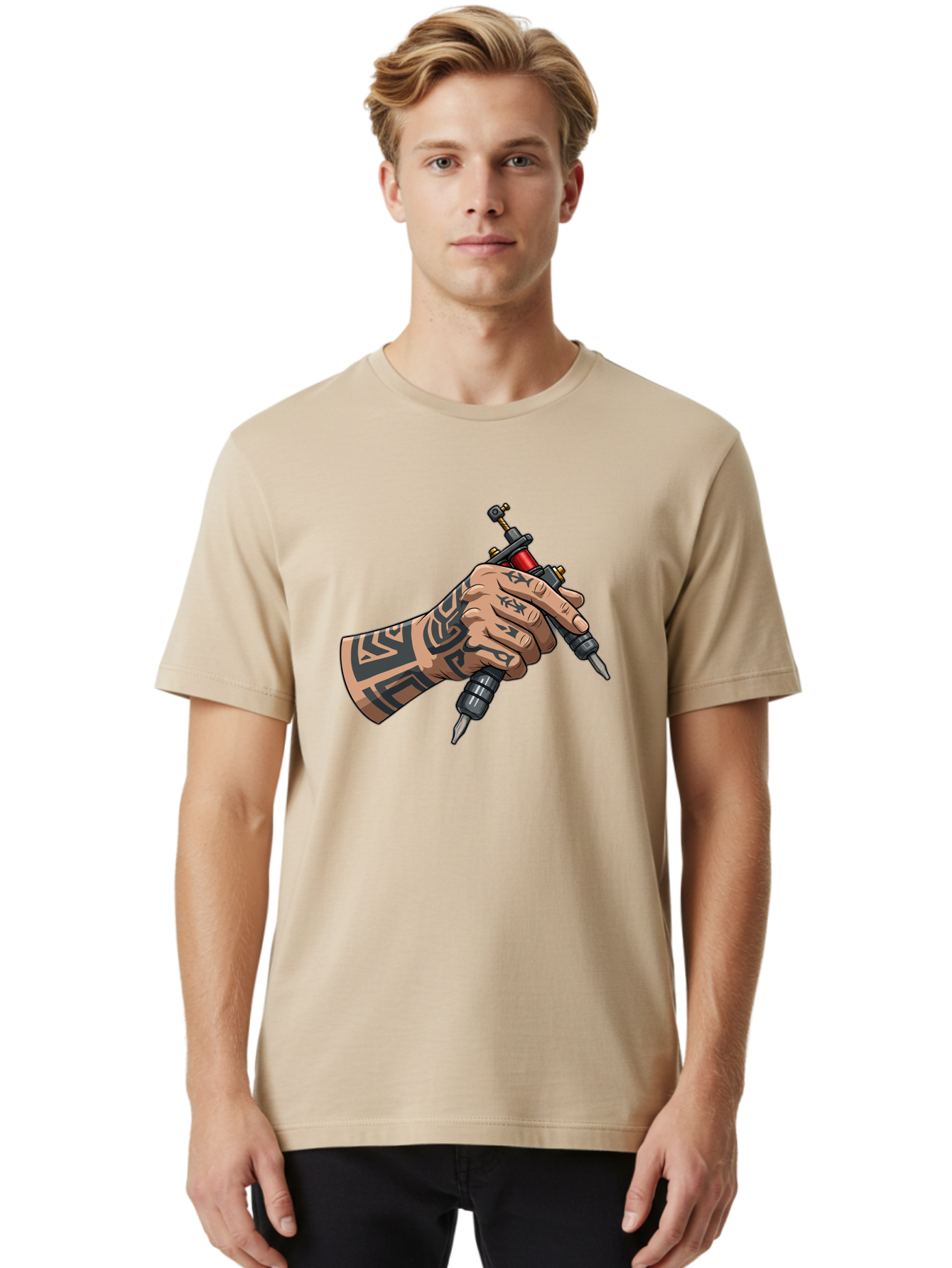 Tattooed-Hand-Holding-Tattoo-Machines Men'S Graphic Tee, 100% Cotton, Comfortable Casual Summer Wear, Machine Washable, Tattooed Hand, Tattoo Machines, Body Art, Ink, Tattoo Artist, Tribal Patterns, Black Ink, Graphic Illustration, Bad827