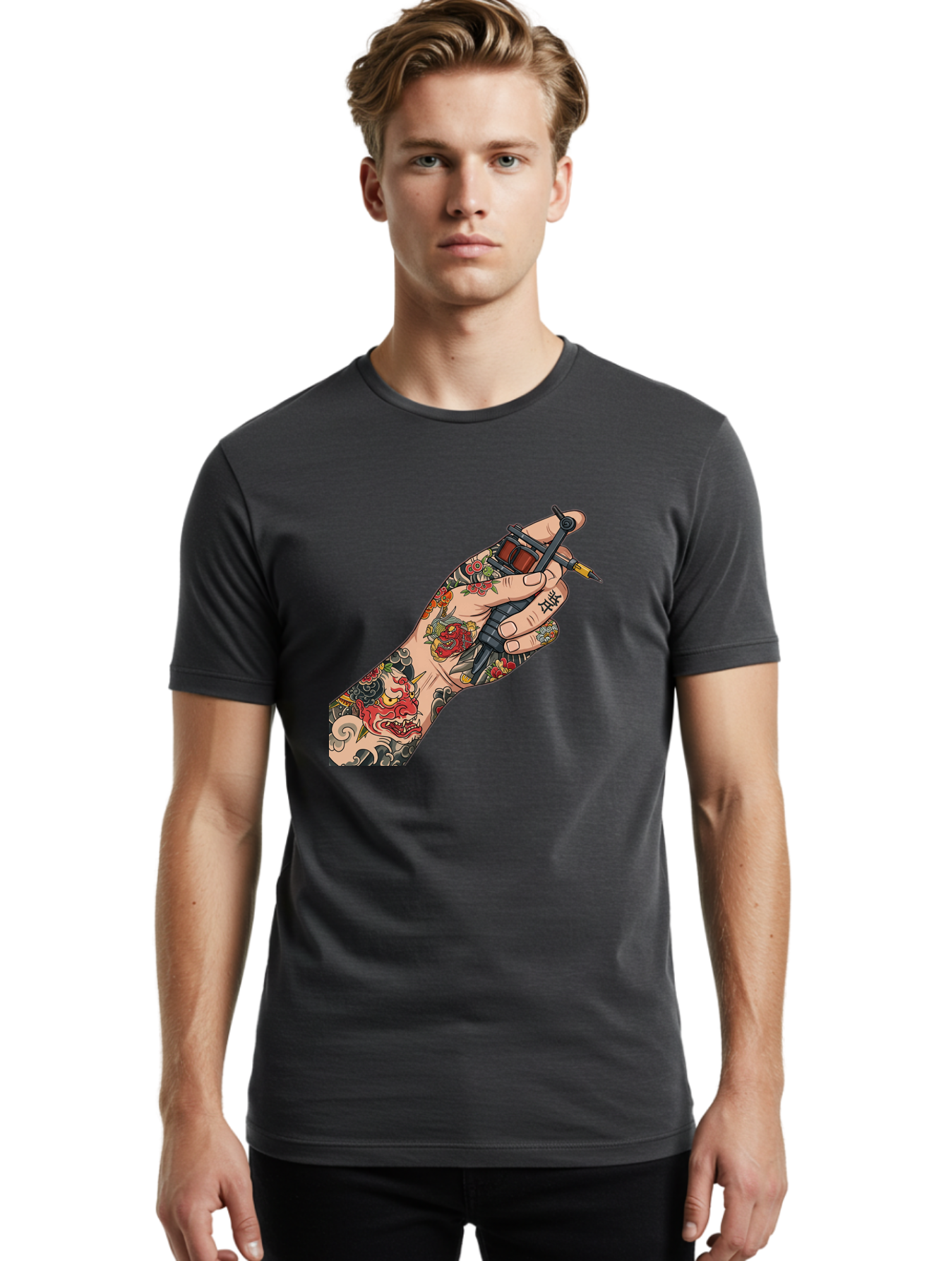 Tattooed-Hand Men'S Graphic Tee, 100% Cotton, Comfortable Casual Summer Wear, Machine Washable, Tattooed Hand, Tattoo Machine, Body Art, Ink, Tattoo Artist, Artful Expression, Vibrant Tattoos, Dragon Design, Traditional Japanese Tattoo, Bad828