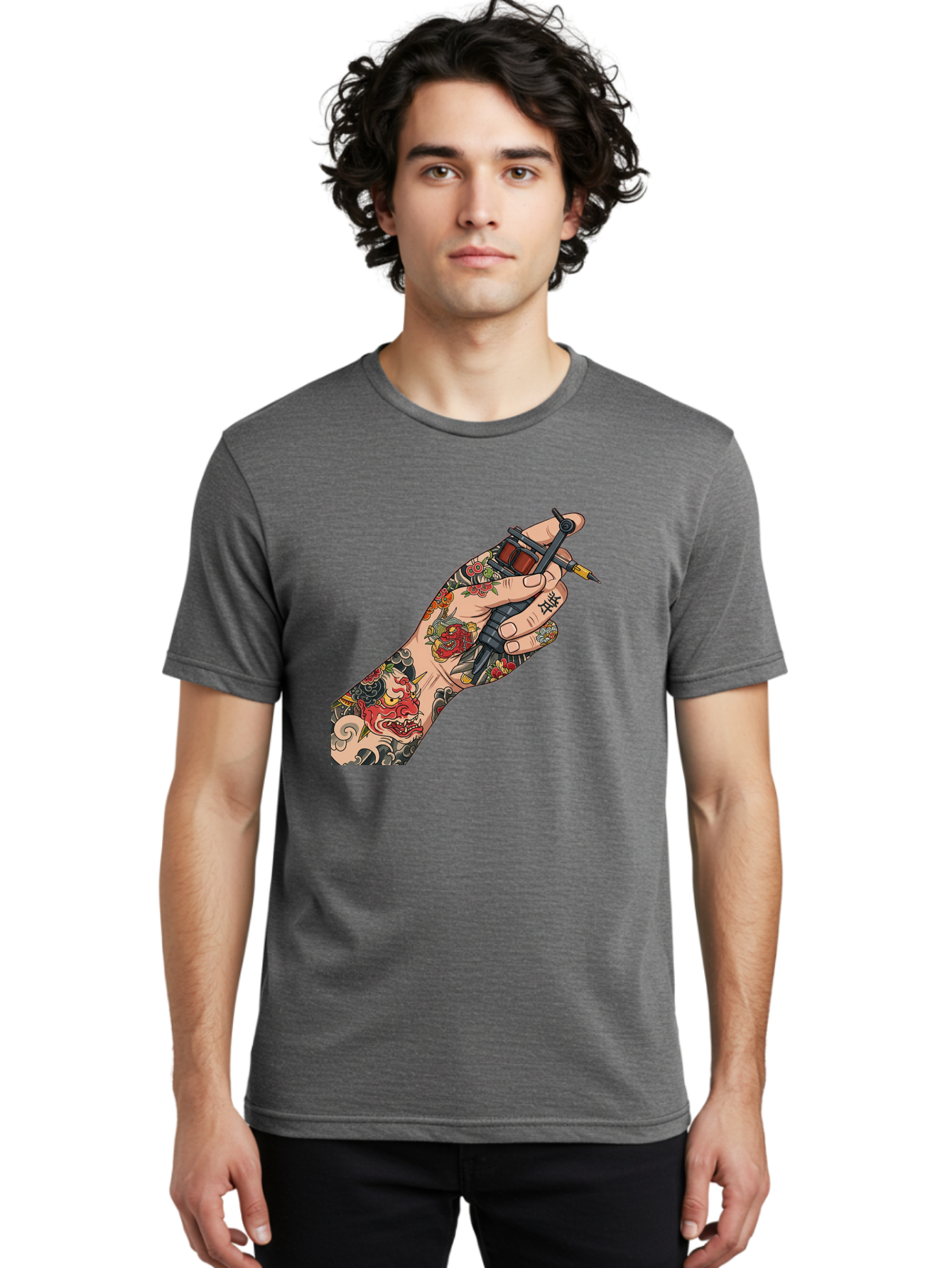 Tattooed-Hand Men'S Graphic Tee, 100% Cotton, Comfortable Casual Summer Wear, Machine Washable, Tattooed Hand, Tattoo Machine, Body Art, Ink, Tattoo Artist, Artful Expression, Vibrant Tattoos, Dragon Design, Traditional Japanese Tattoo, Bad828
