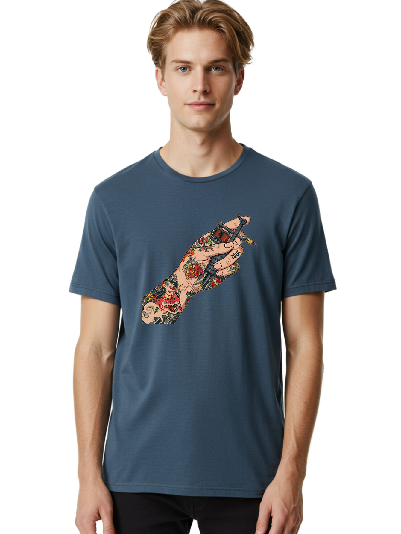 Tattooed-Hand Men'S Graphic Tee, 100% Cotton, Comfortable Casual Summer Wear, Machine Washable, Tattooed Hand, Tattoo Machine, Body Art, Ink, Tattoo Artist, Artful Expression, Vibrant Tattoos, Dragon Design, Traditional Japanese Tattoo, Bad828
