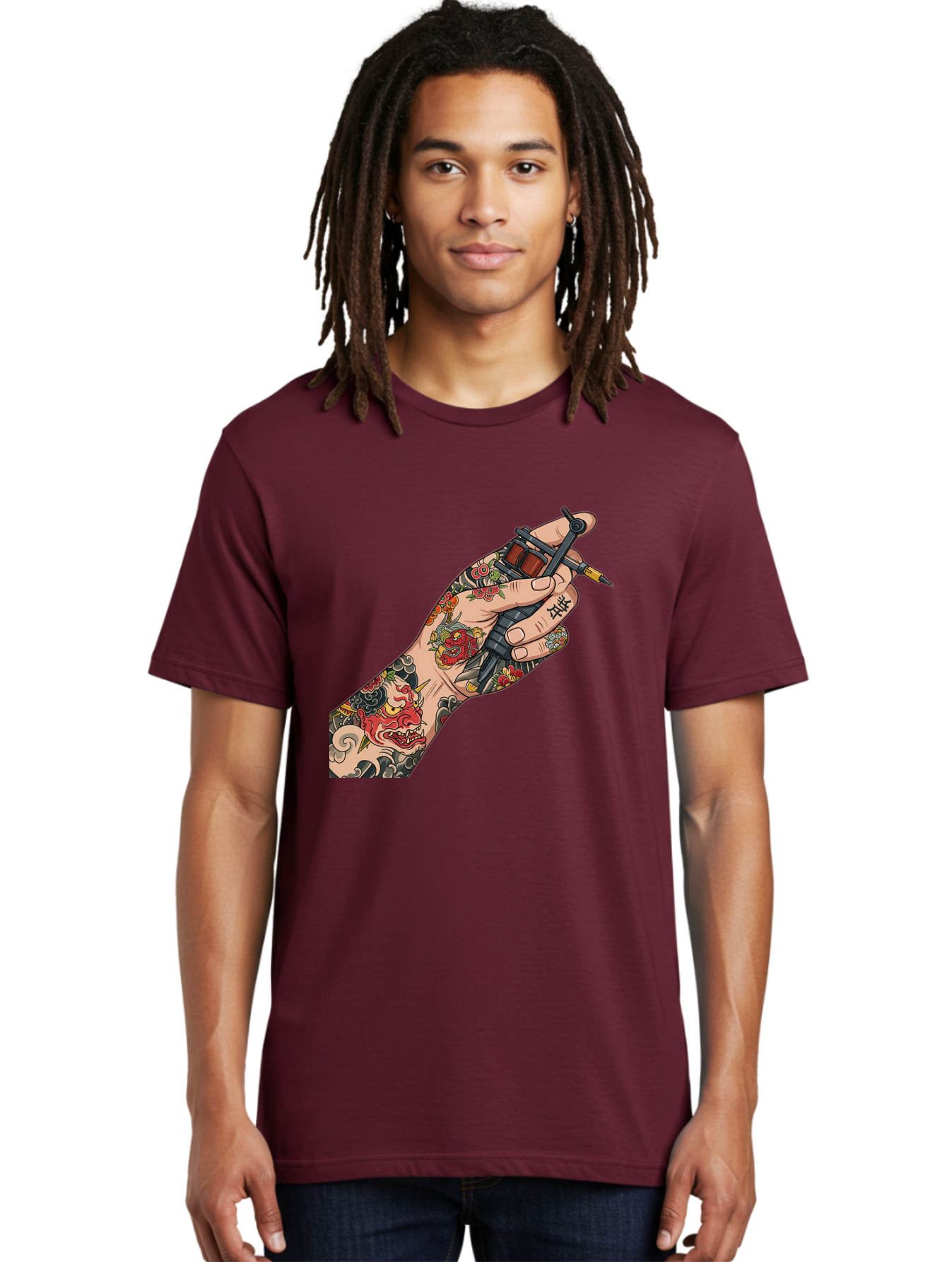 Tattooed-Hand Men'S Graphic Tee, 100% Cotton, Comfortable Casual Summer Wear, Machine Washable, Tattooed Hand, Tattoo Machine, Body Art, Ink, Tattoo Artist, Artful Expression, Vibrant Tattoos, Dragon Design, Traditional Japanese Tattoo, Bad828