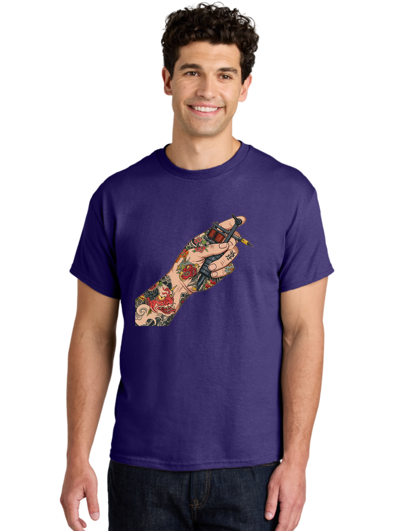 Tattooed-Hand Men'S Graphic Tee, 100% Cotton, Comfortable Casual Summer Wear, Machine Washable, Tattooed Hand, Tattoo Machine, Body Art, Ink, Tattoo Artist, Artful Expression, Vibrant Tattoos, Dragon Design, Traditional Japanese Tattoo, Bad828