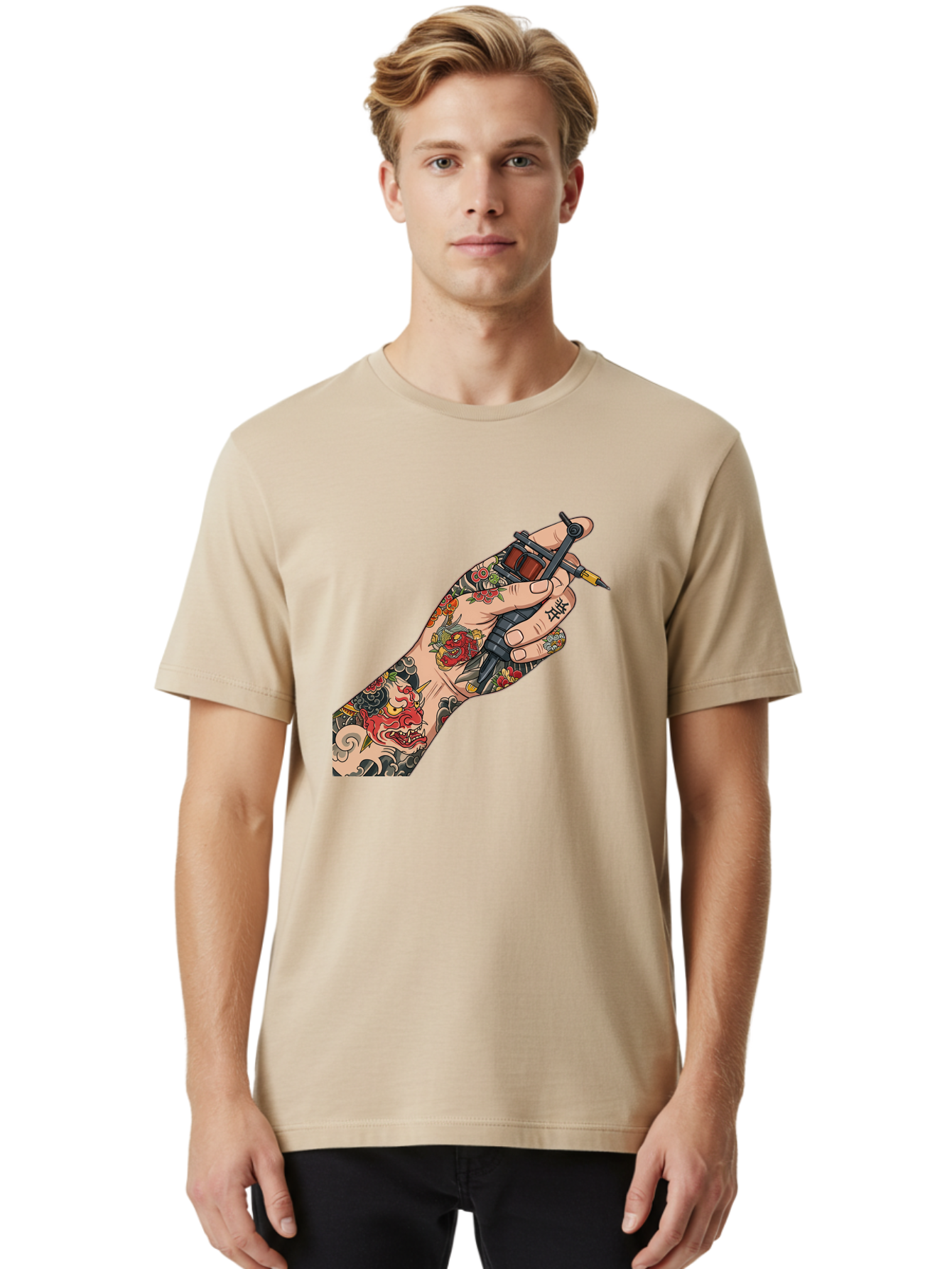 Tattooed-Hand Men'S Graphic Tee, 100% Cotton, Comfortable Casual Summer Wear, Machine Washable, Tattooed Hand, Tattoo Machine, Body Art, Ink, Tattoo Artist, Artful Expression, Vibrant Tattoos, Dragon Design, Traditional Japanese Tattoo, Bad828
