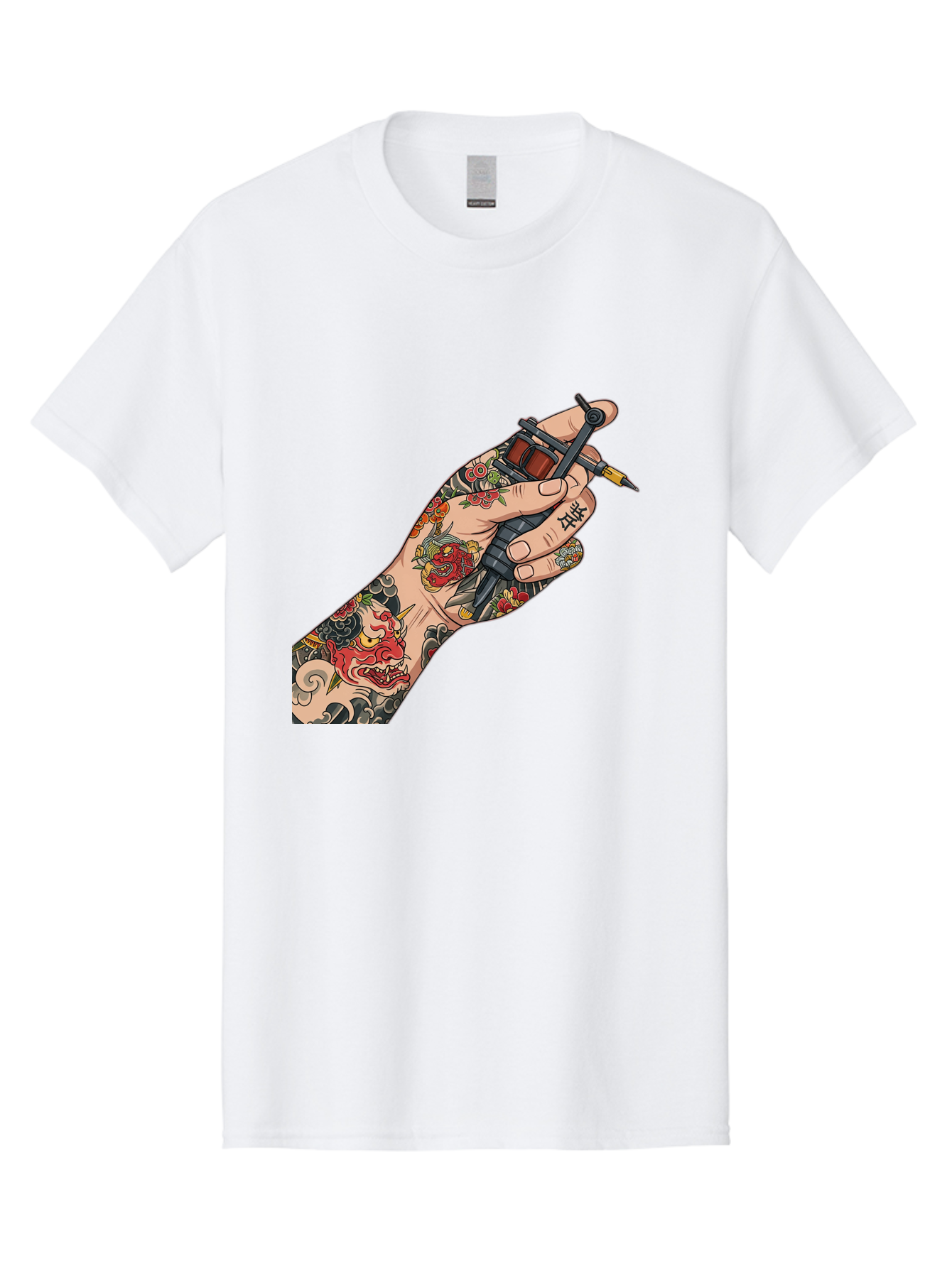 Tattooed-Hand Men'S Graphic Tee, 100% Cotton, Comfortable Casual Summer Wear, Machine Washable, Tattooed Hand, Tattoo Machine, Body Art, Ink, Tattoo Artist, Artful Expression, Vibrant Tattoos, Dragon Design, Traditional Japanese Tattoo, Bad828