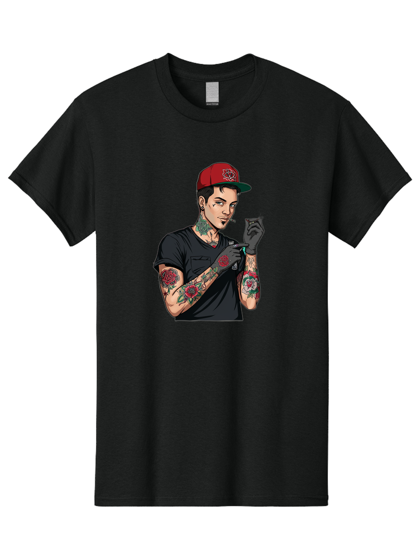 Tattooed-Man-1 Men'S Graphic Tee, 100% Cotton, Comfortable Casual Summer Wear, Machine Washable, Tattooed Man, Rose Tattoos, Red Baseball Cap, Black Gloves, Smoking Cigarette, Cartoon Style, Edgy Fashion, Bold Graphics, Streetwear, Modern Art Bad829